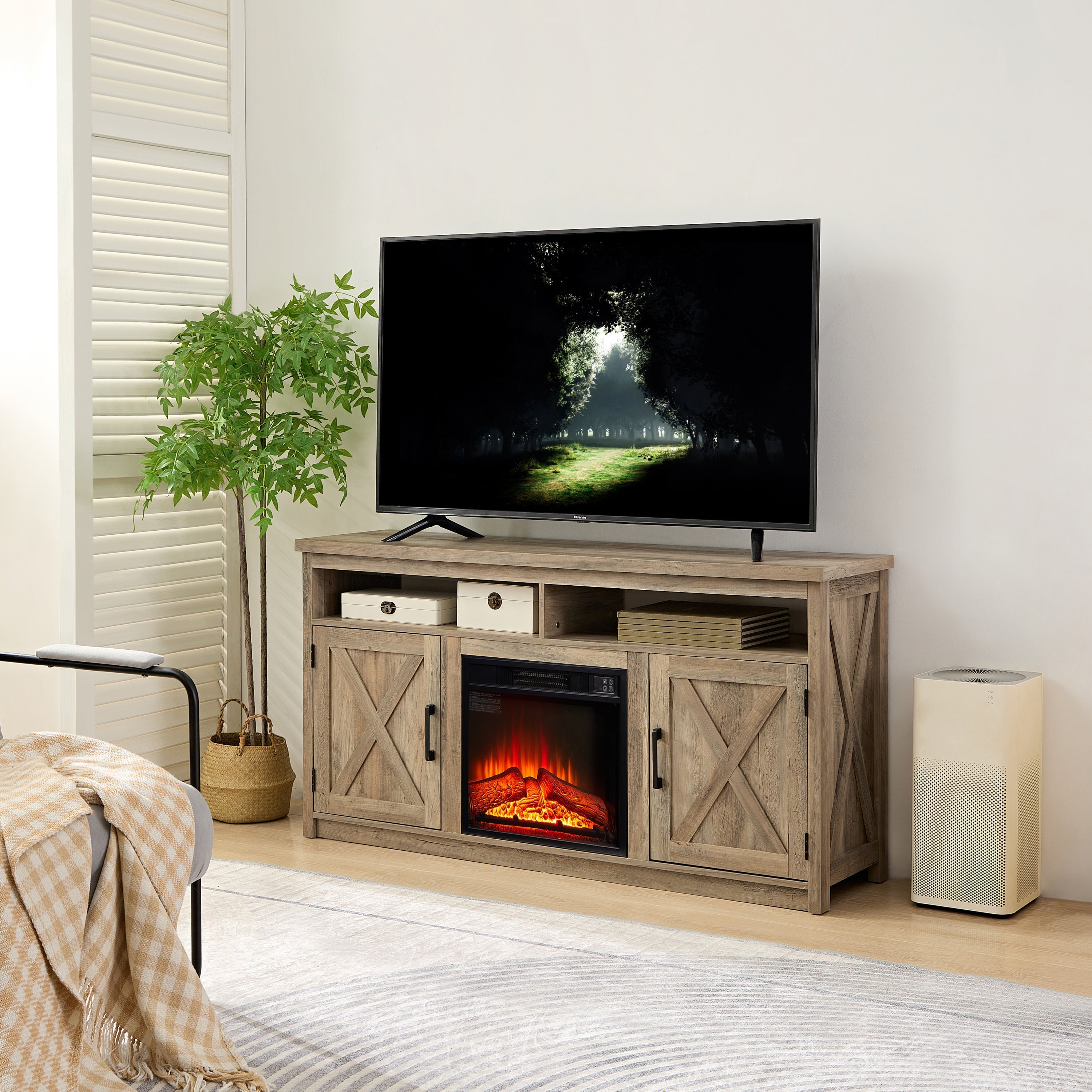 Farmhouse TV Media Stand, Large Barn Inspired Home Entertainment Console, With 18' Fireplace-thumbmail-2
