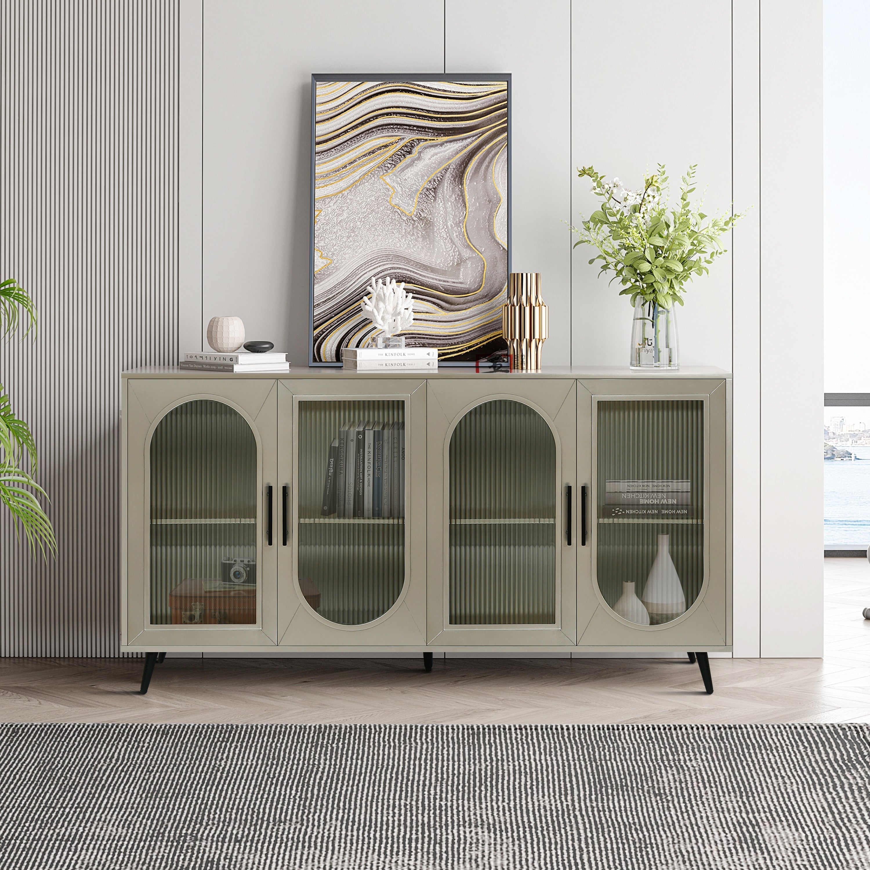 Wood TV Stand With Storage Cabinet & Adjustable Shelves-thumbmail-7