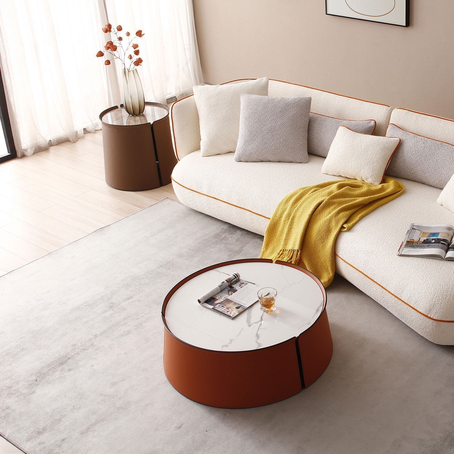 31.5" Coffee Table, Marble Top and Orange Saddle Leather Body-thumbmail-7
