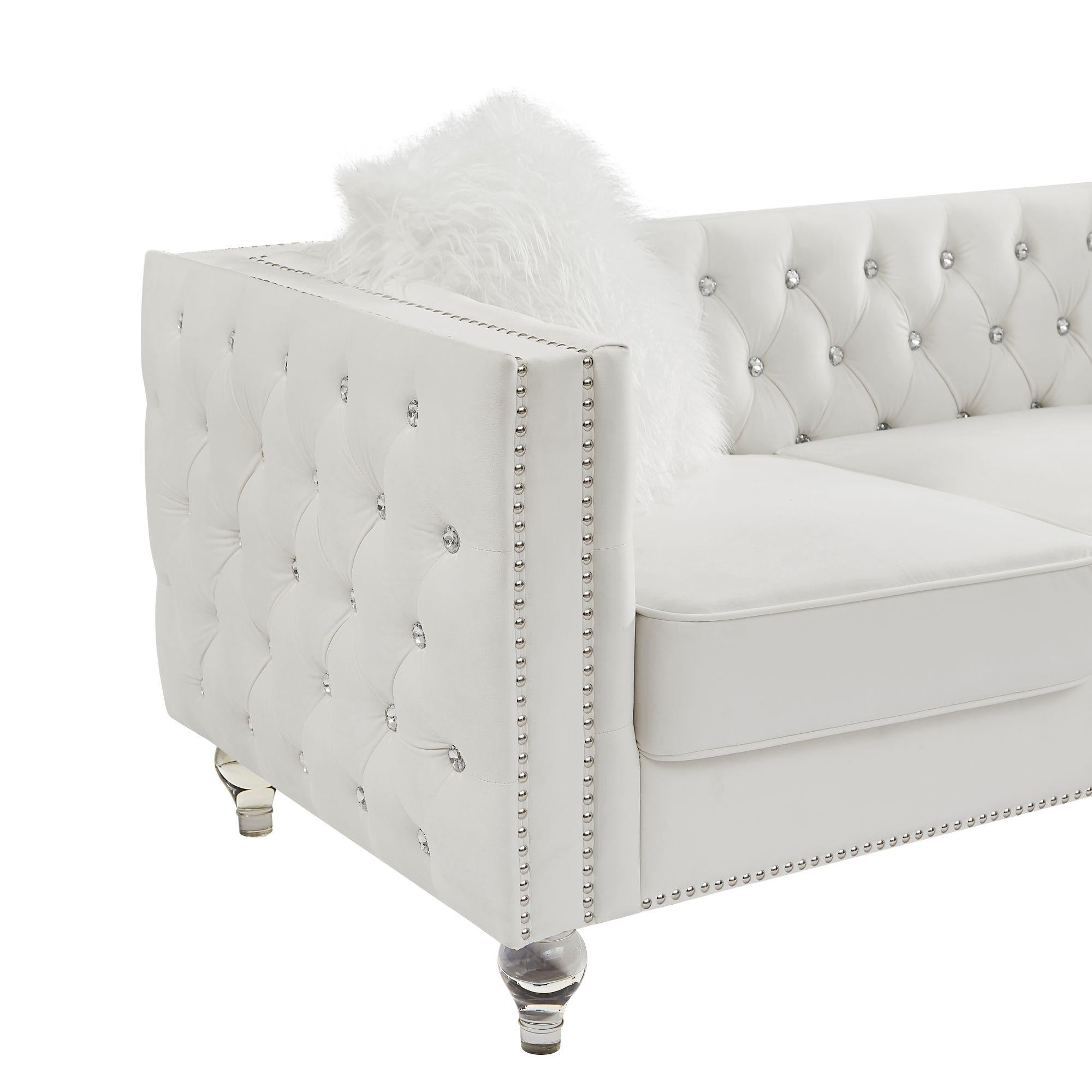 Velvet Upholstery Tufted Sofa Crystal Feet Removable Cushion-thumbmail-2