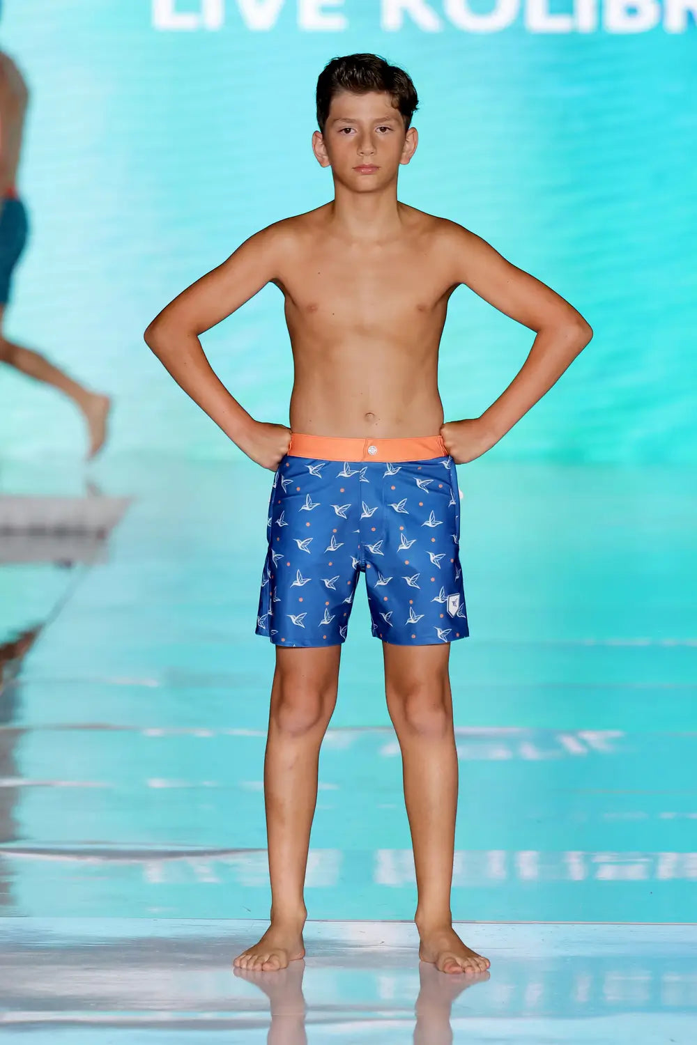 Kids Matching Swim Trunks | Kolibri Monogram in Deep Ocean-thumbmail-2