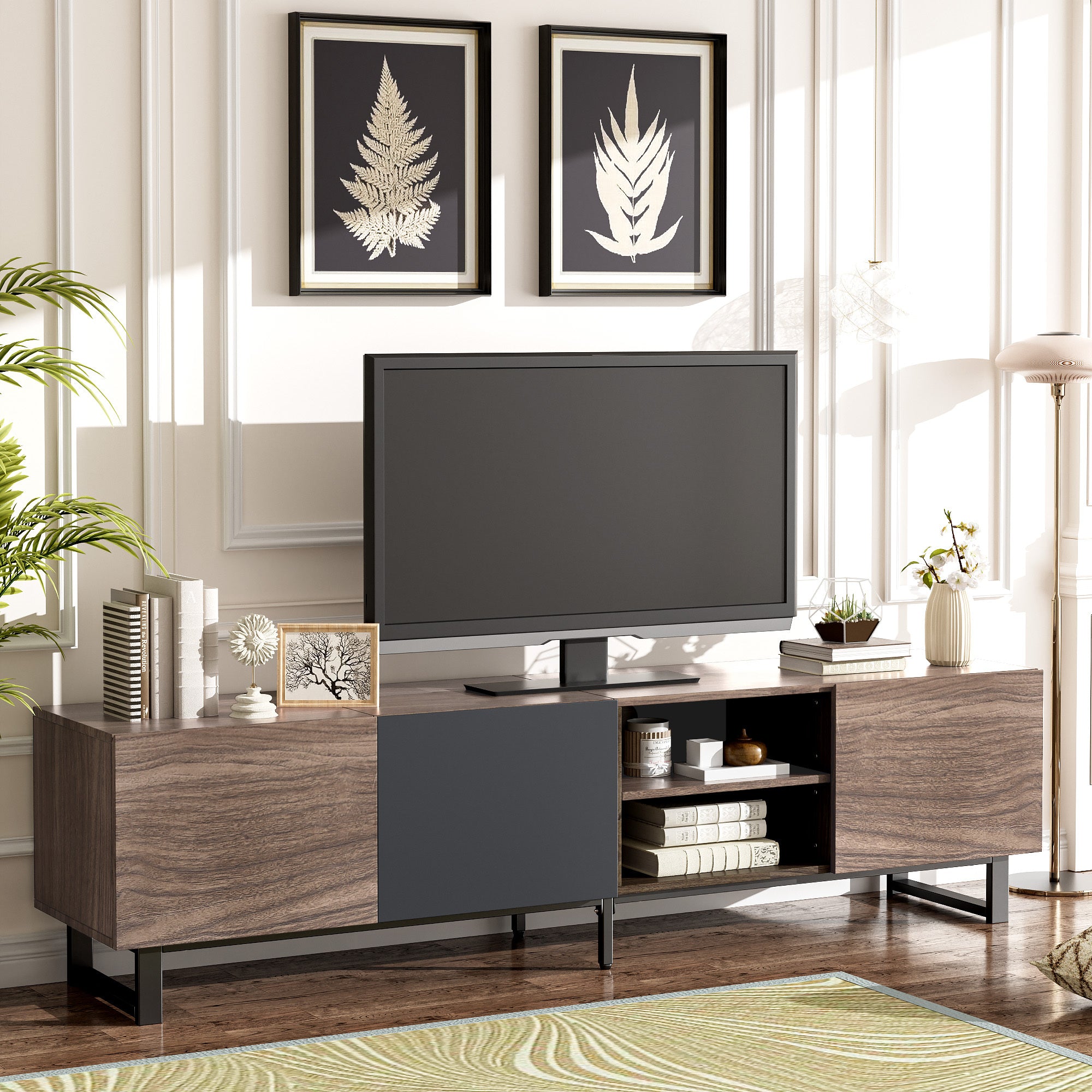 Modern TV Stand With 3 Cabinets & Open Shelves-thumbmail-6