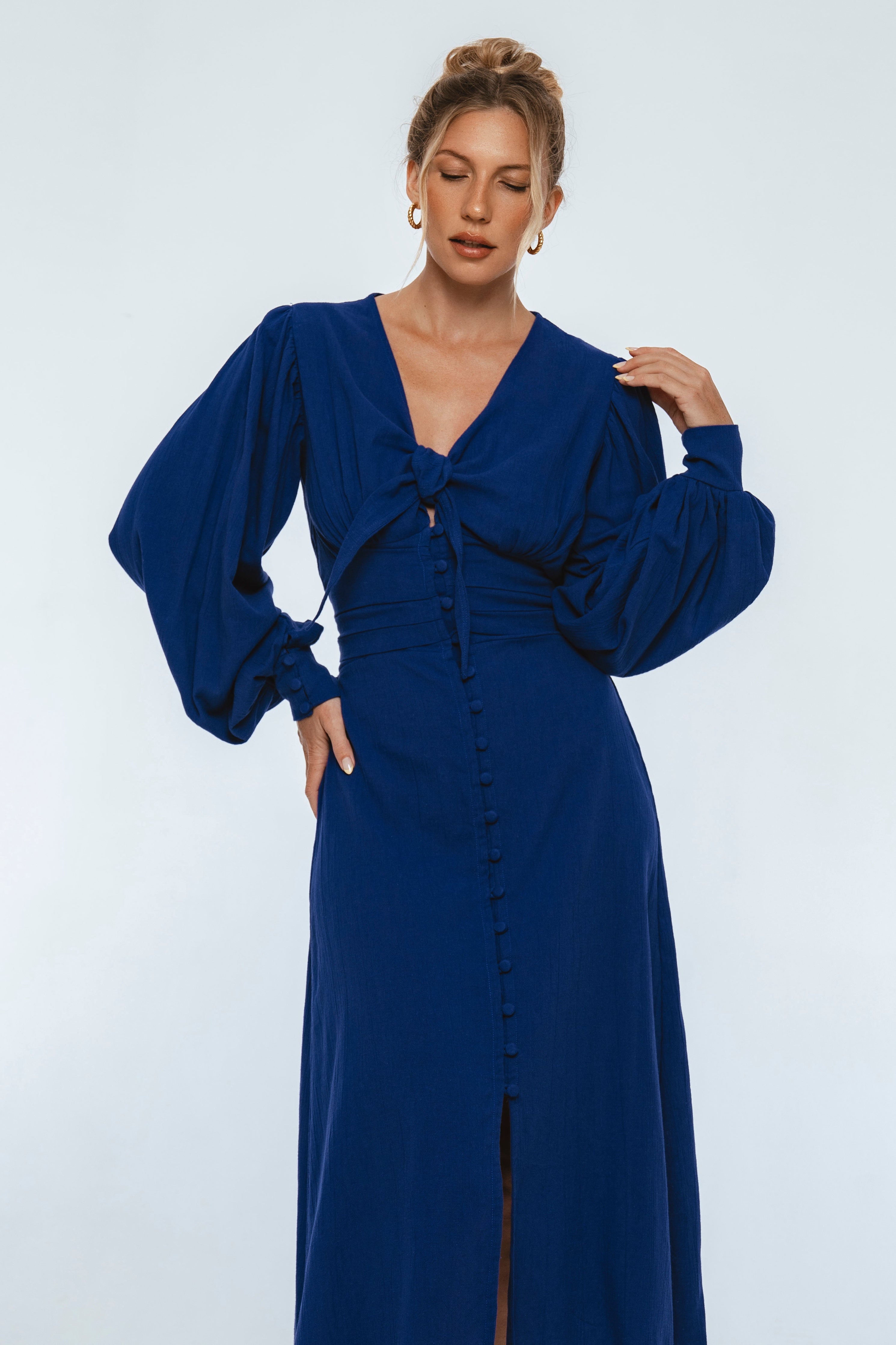 Velvet Sky Long Sleeve Linen Midi Dress-thumbmail-1