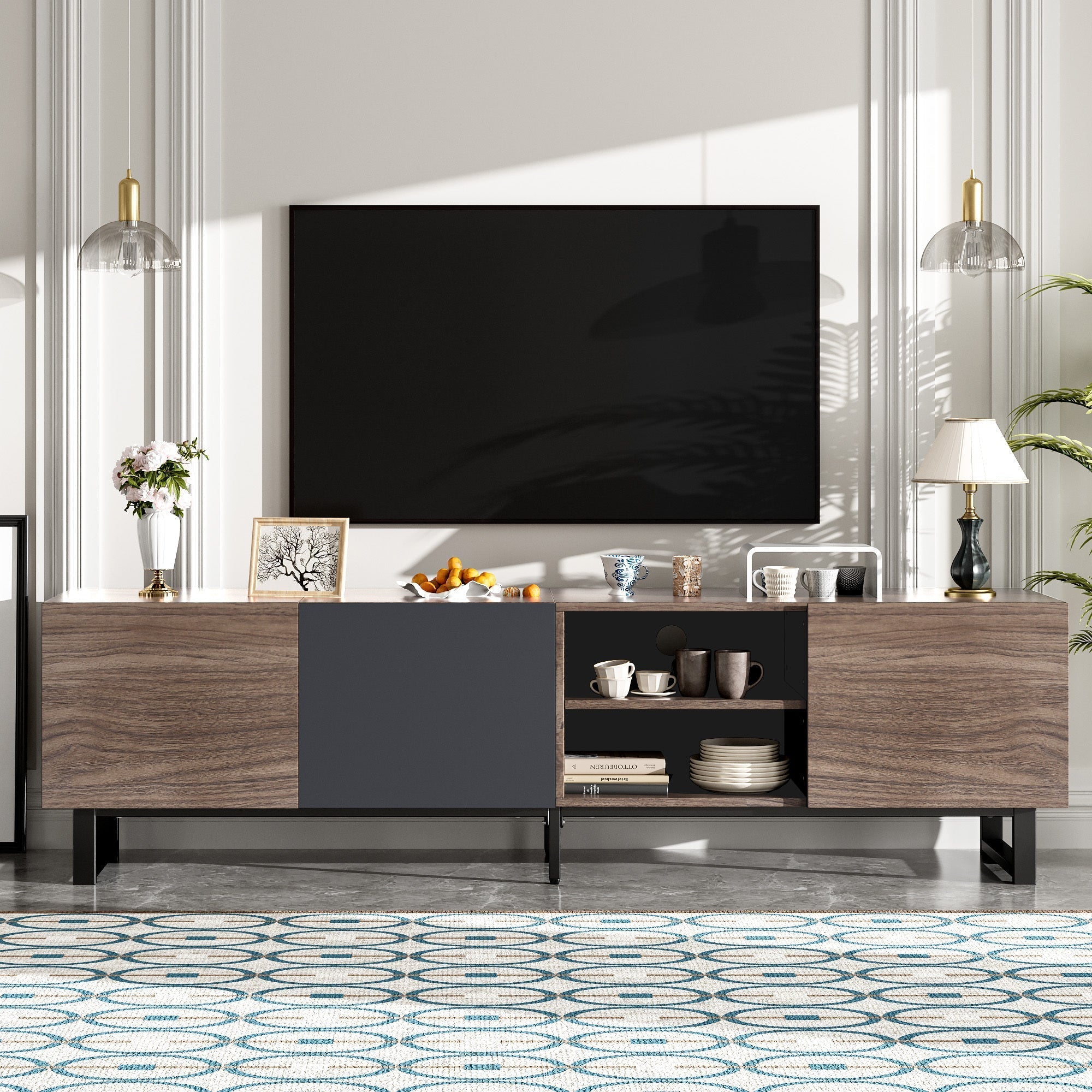 Modern TV Stand With 3 Cabinets & Open Shelves-thumbmail-1