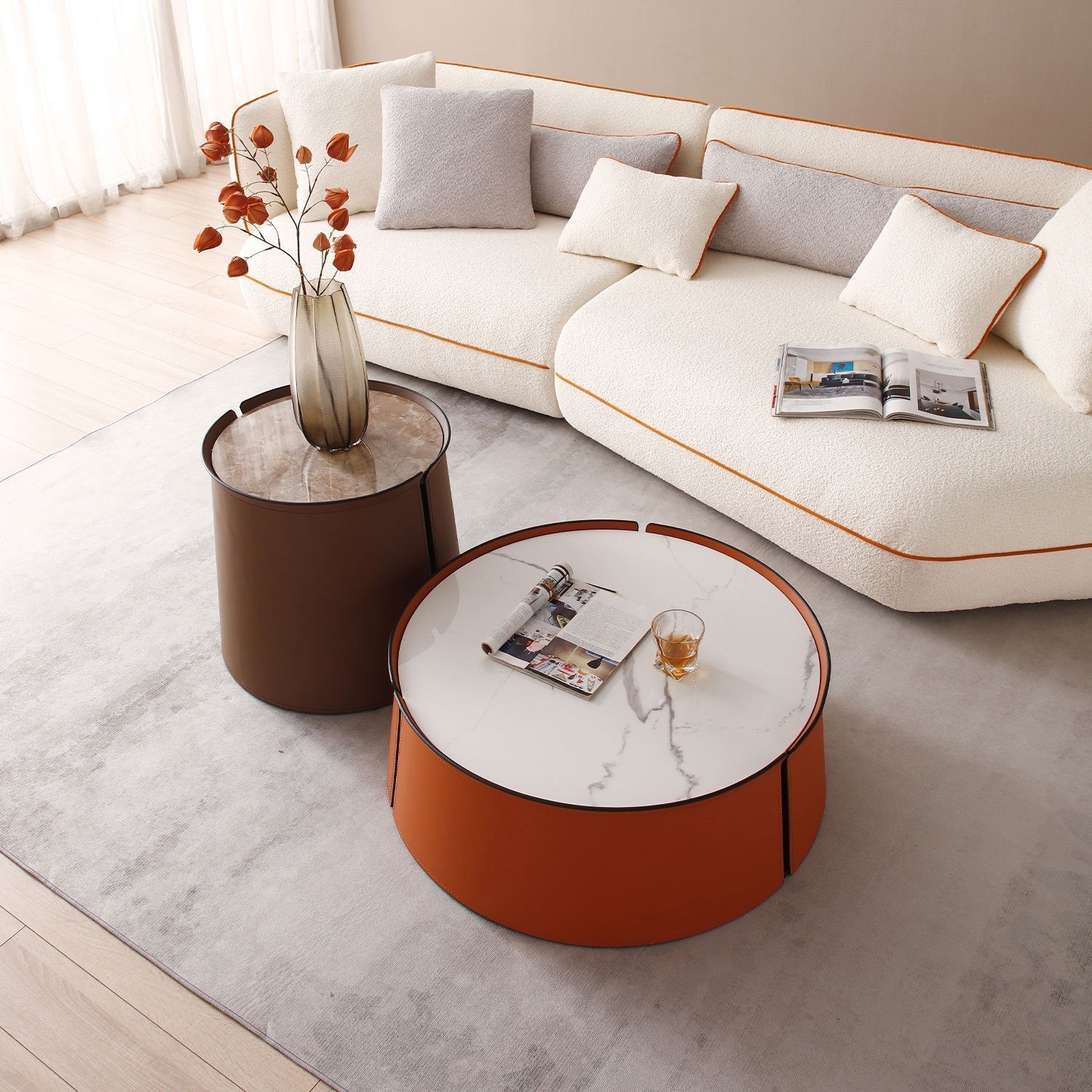 31.5" Coffee Table, Marble Top and Orange Saddle Leather Body-thumbmail-6