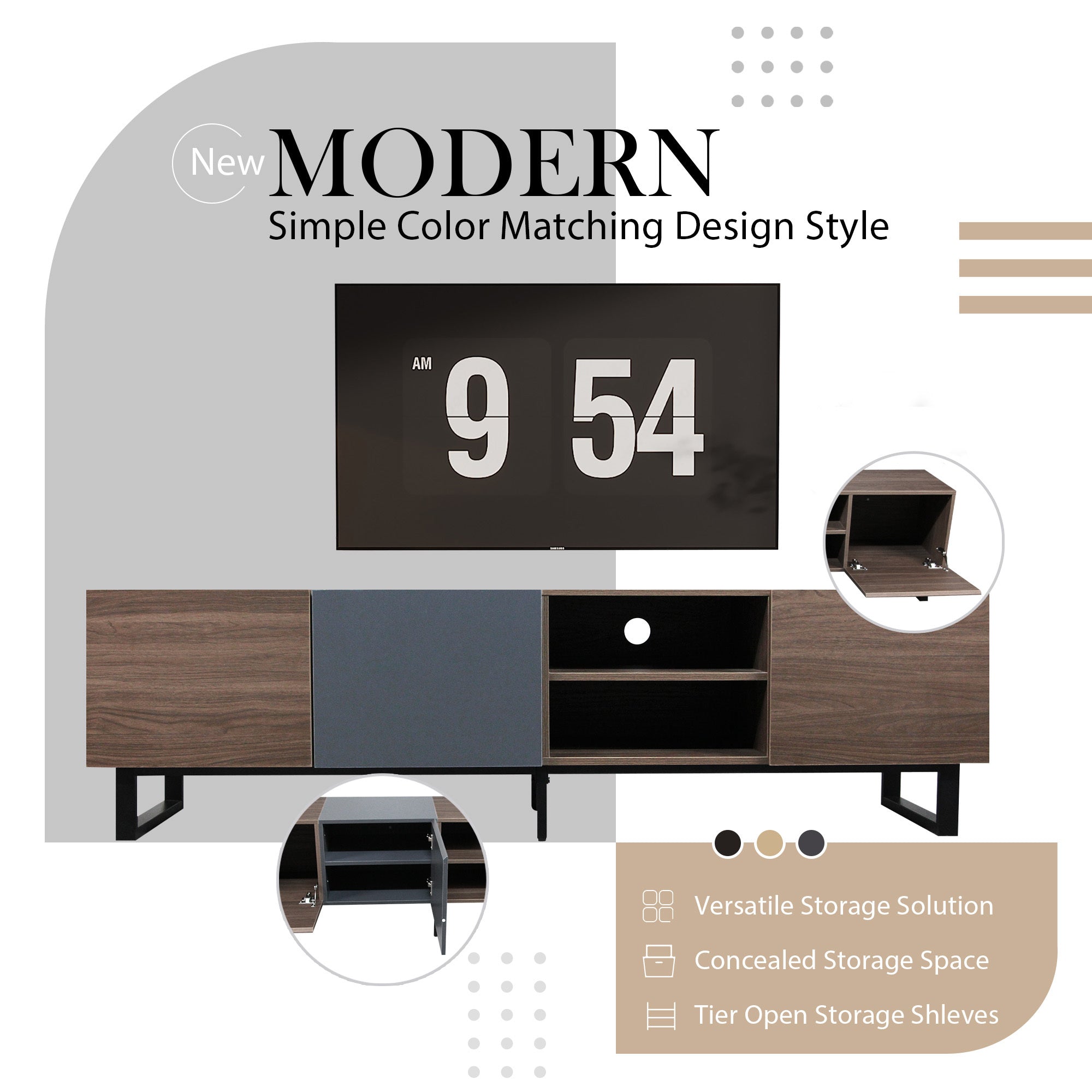 Modern TV Stand With 3 Cabinets & Open Shelves-thumbmail-7