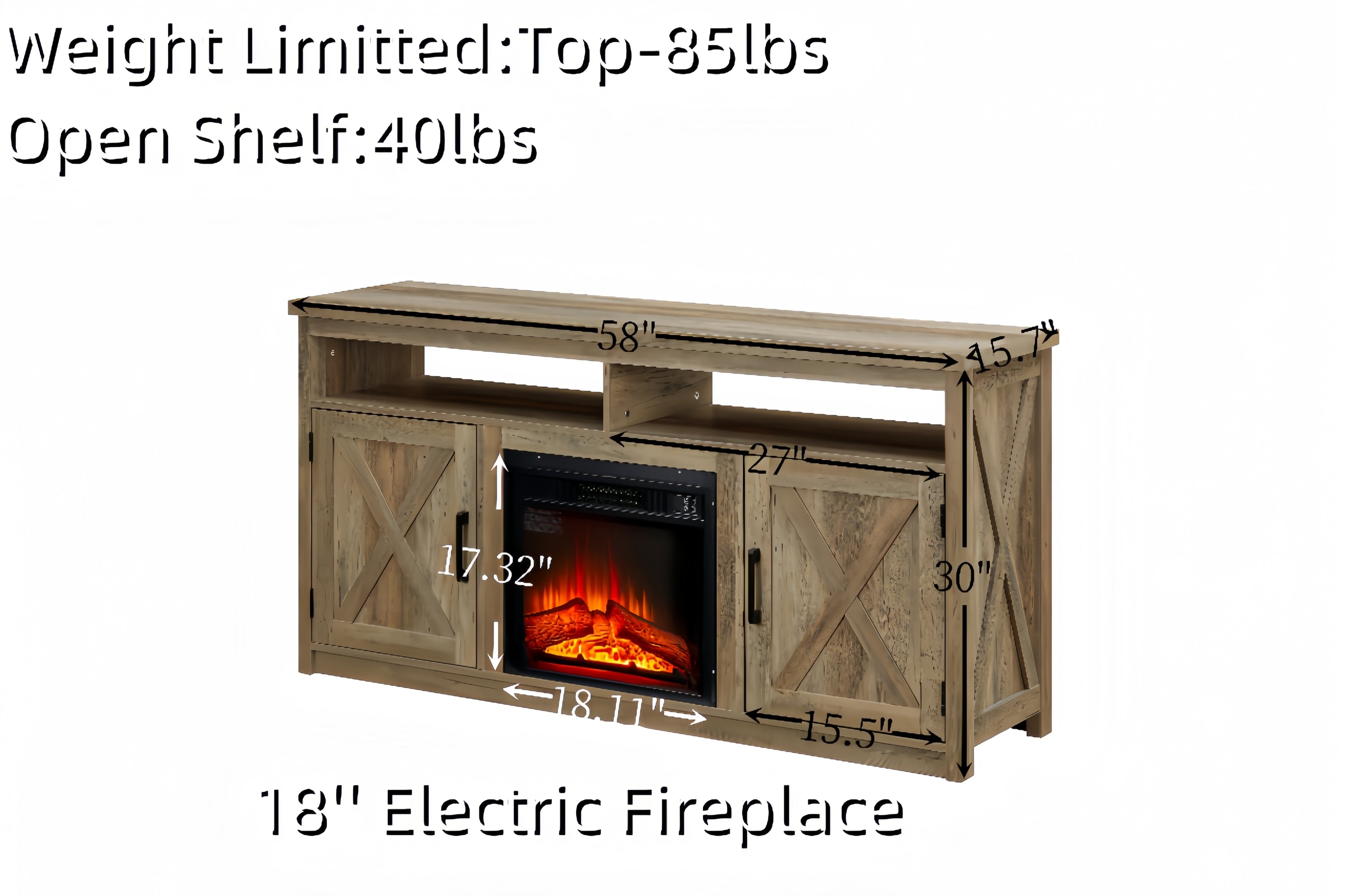 Farmhouse TV Media Stand, Large Barn Inspired Home Entertainment Console, With 18' Fireplace-thumbmail-6