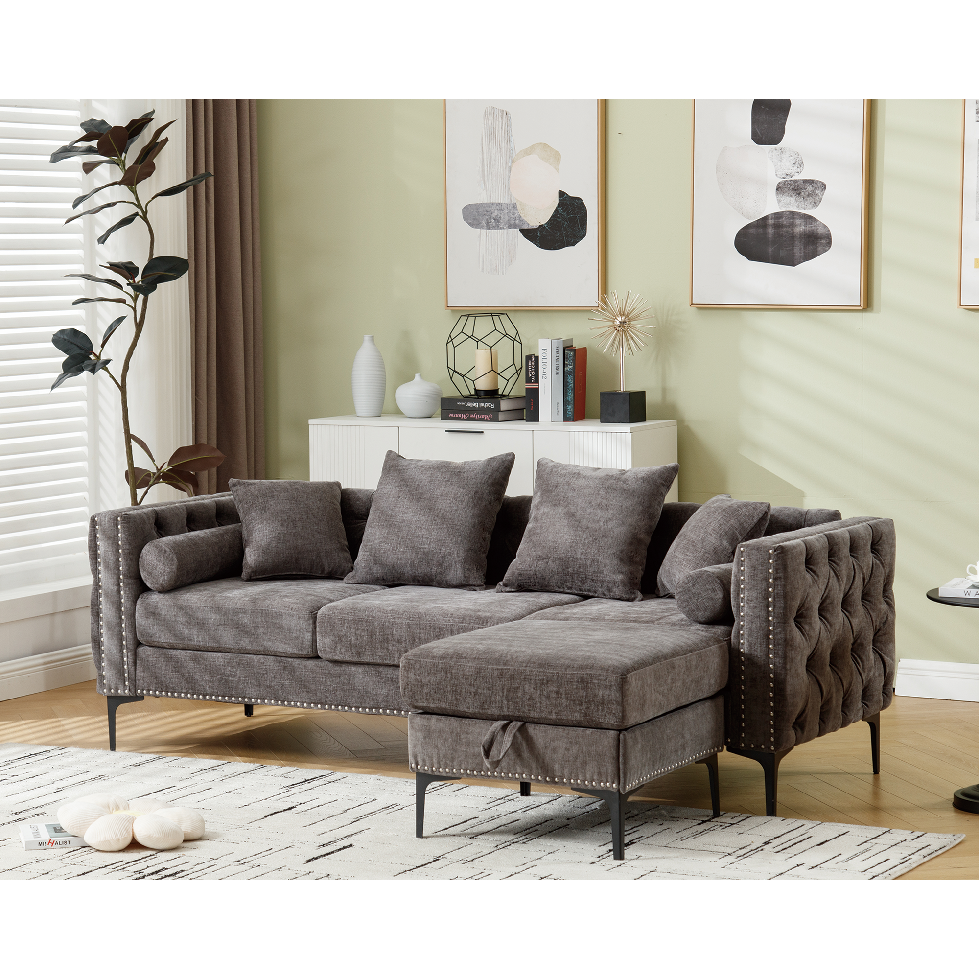 L Shaped Sectional Convertible Sofa With Storage Ottoman and Modern Tufted Style-thumbmail-7