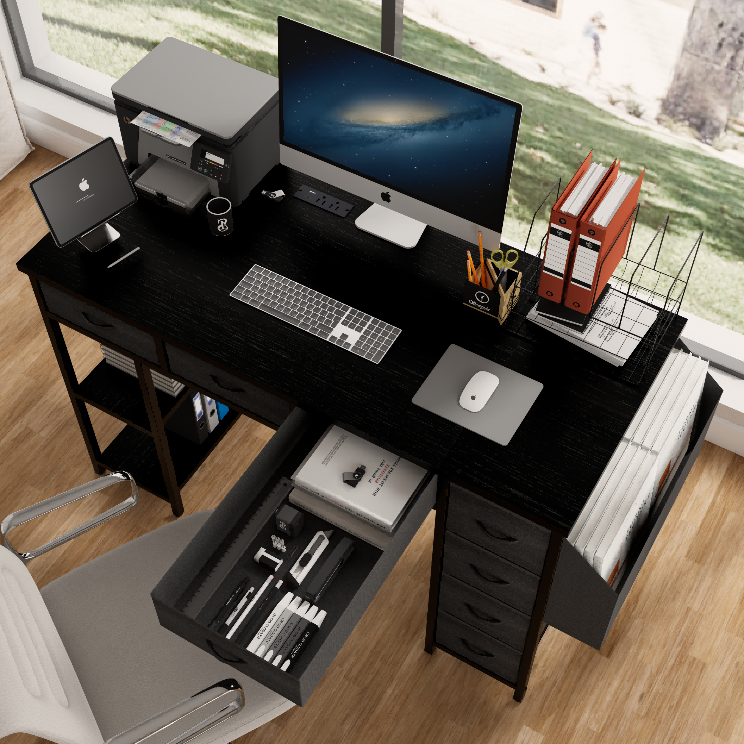 47.3' Computer Desk With 7 Drawers, Extra Large Side Pocket, and Power Outlets-thumbmail-7