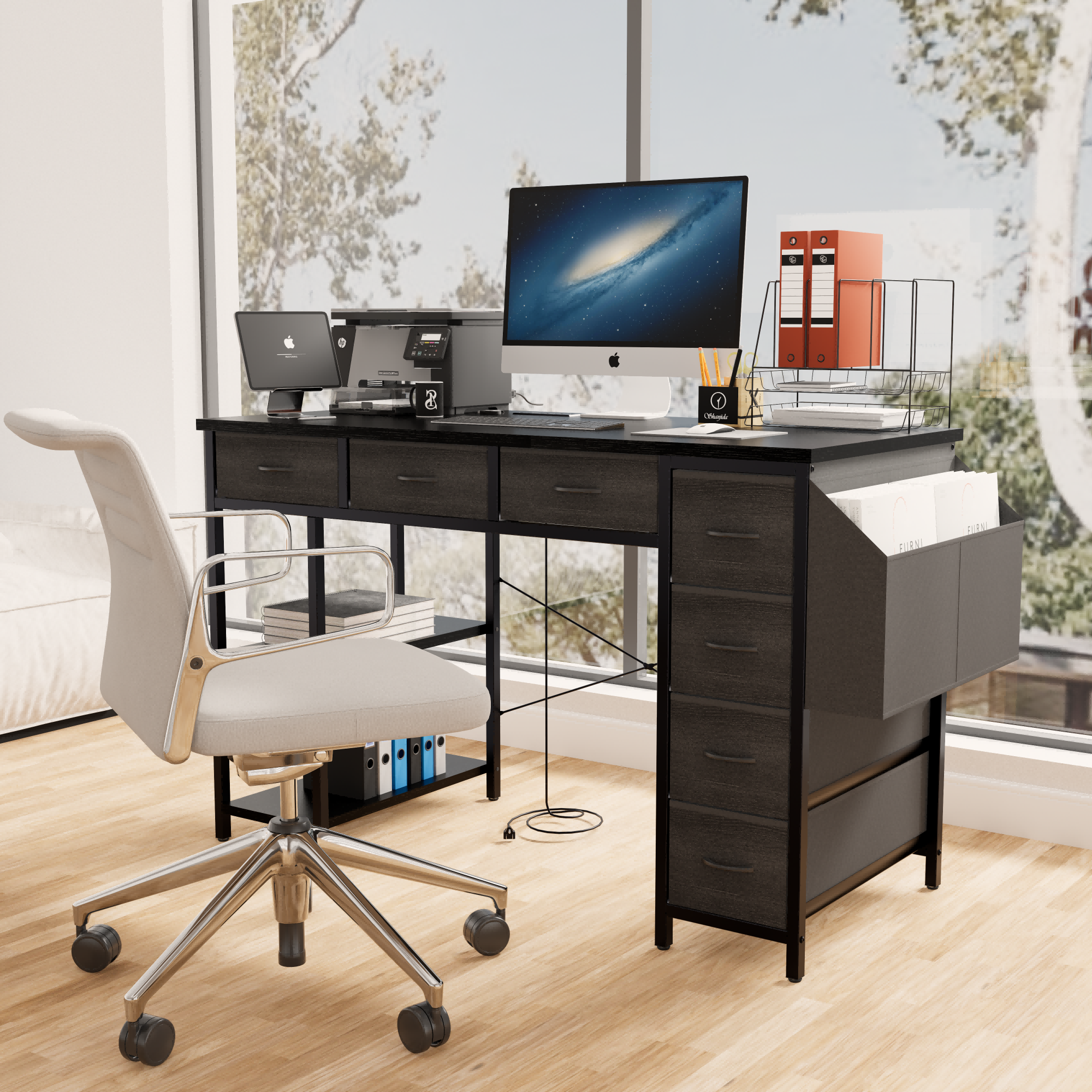 47.3' Computer Desk With 7 Drawers, Extra Large Side Pocket, and Power Outlets-thumbmail-4