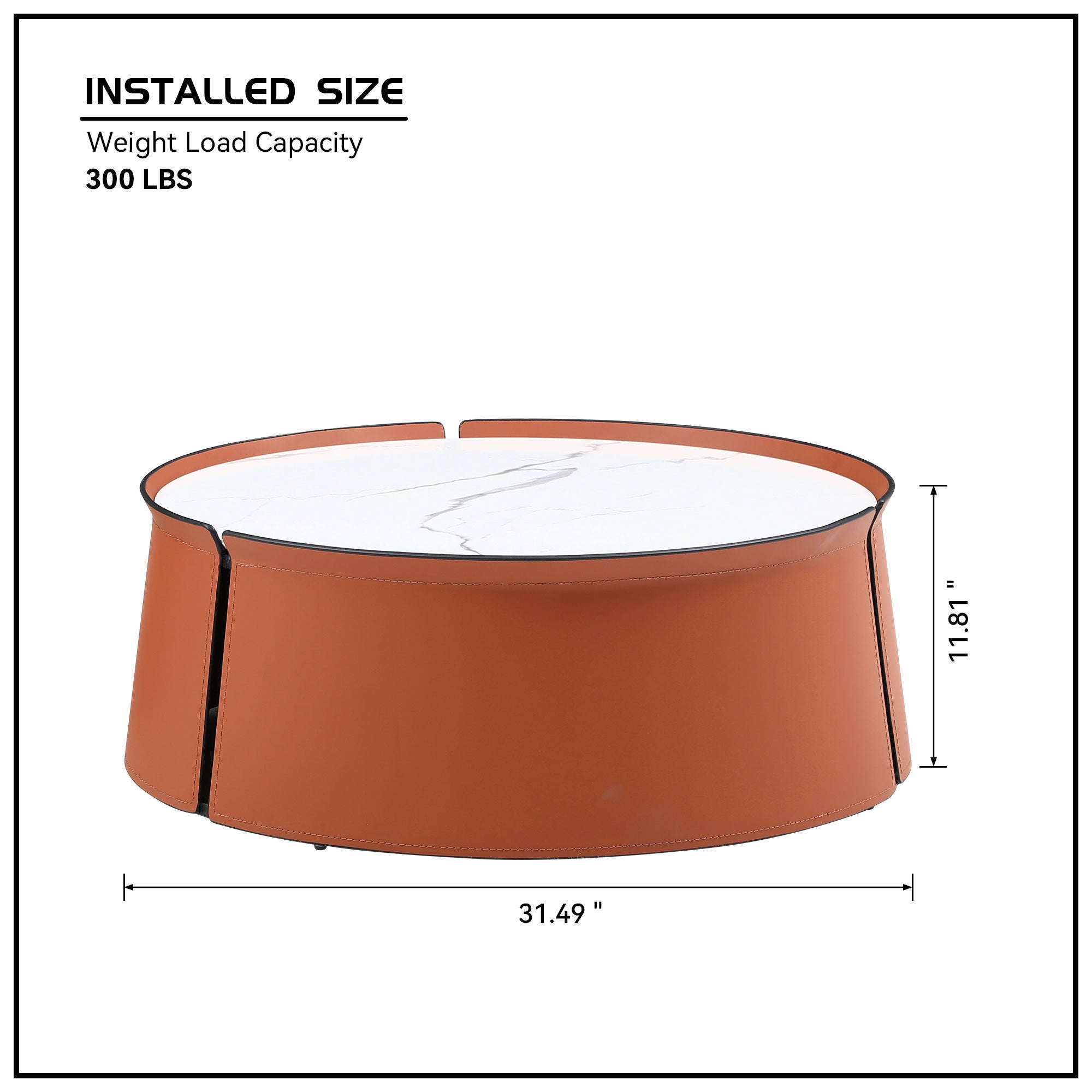 31.5" Coffee Table, Marble Top and Orange Saddle Leather Body-thumbmail-2