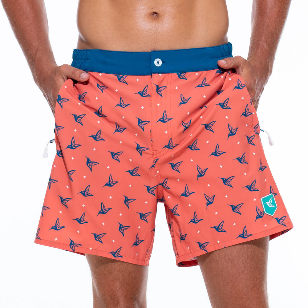 Mens Luxury Swim Trunks | Kolibri Monogram in Sunset Orange-thumbmail-1
