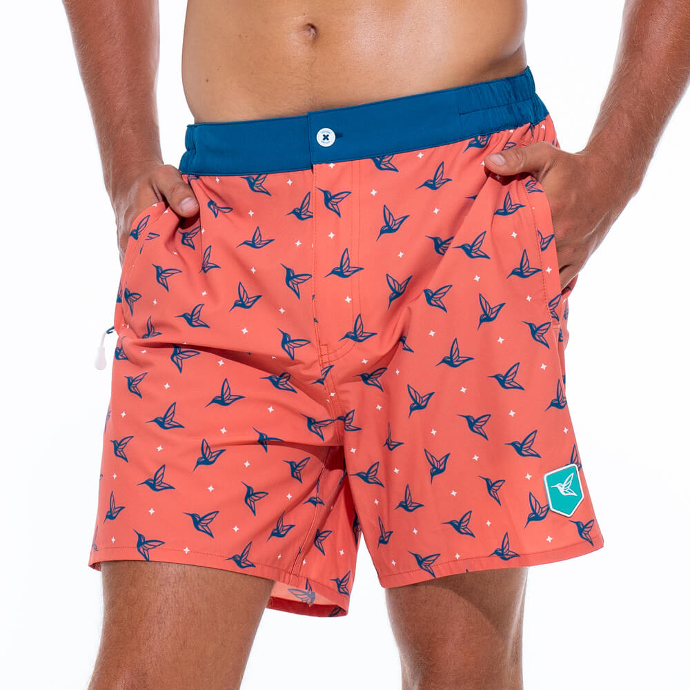 Mens Luxury Swim Trunks | Kolibri Monogram in Sunset Orange-thumbmail-4