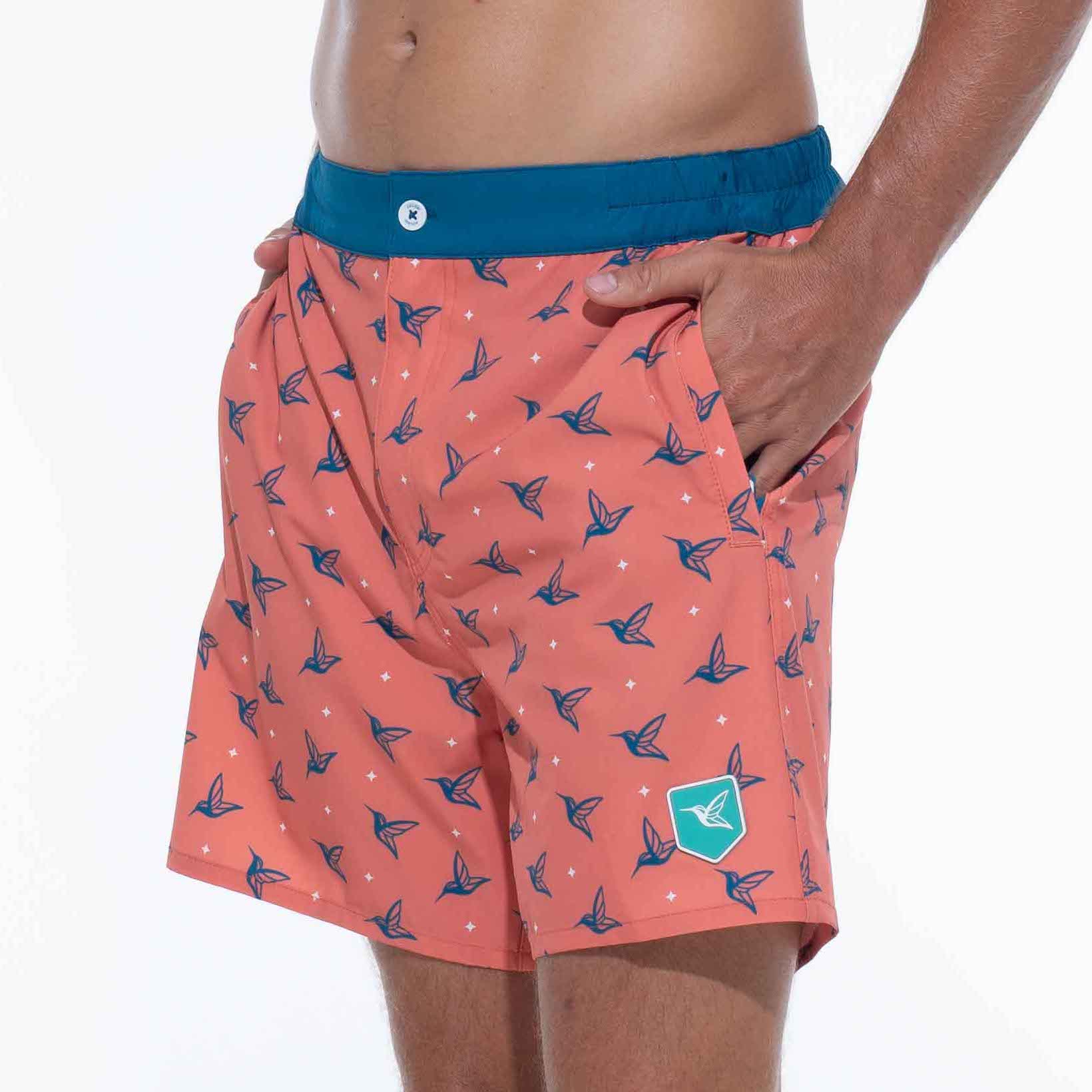 Mens Luxury Swim Trunks | Kolibri Monogram in Sunset Orange-thumbmail-2