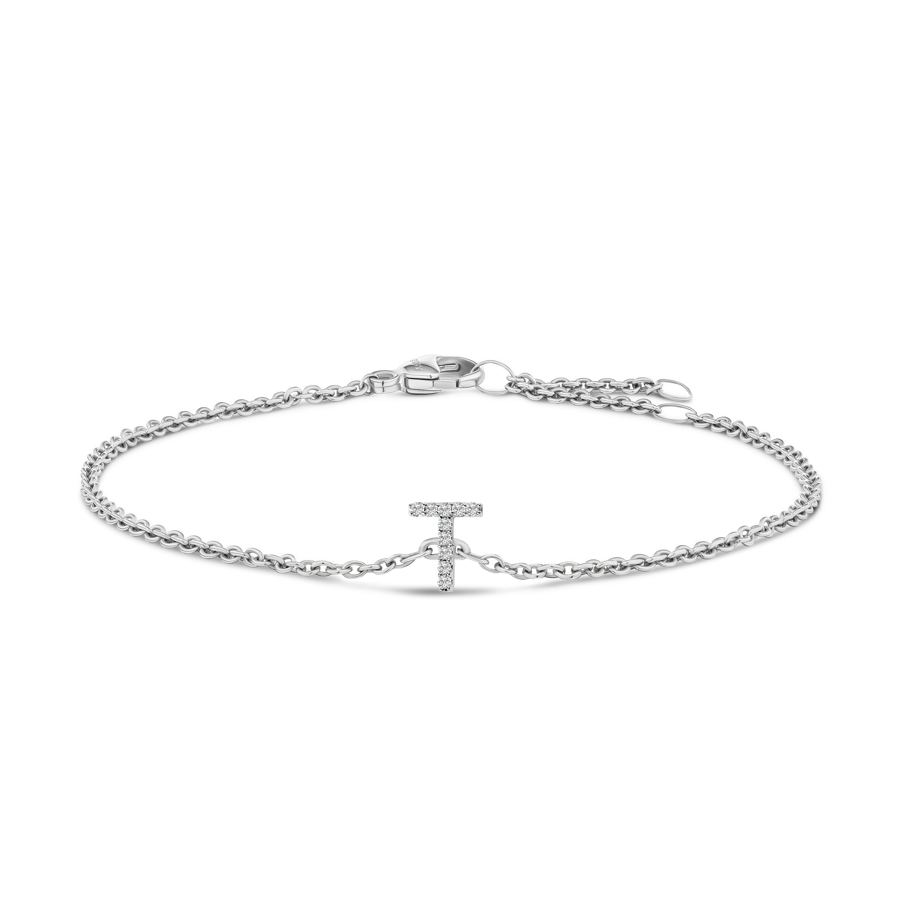 10K White Gold Diamond Accent "T" Initial Charm and Link Bracelet