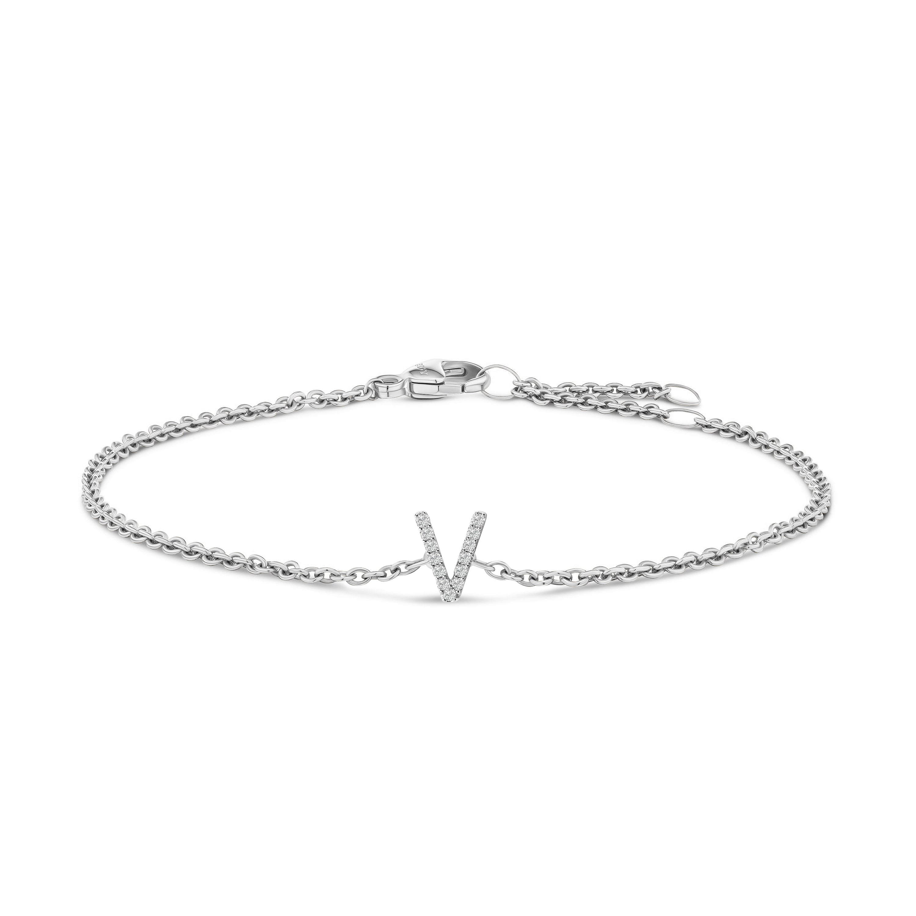 10K White Gold Diamond Accent "V" Initial Charm and Link Bracelet-thumbmail-5