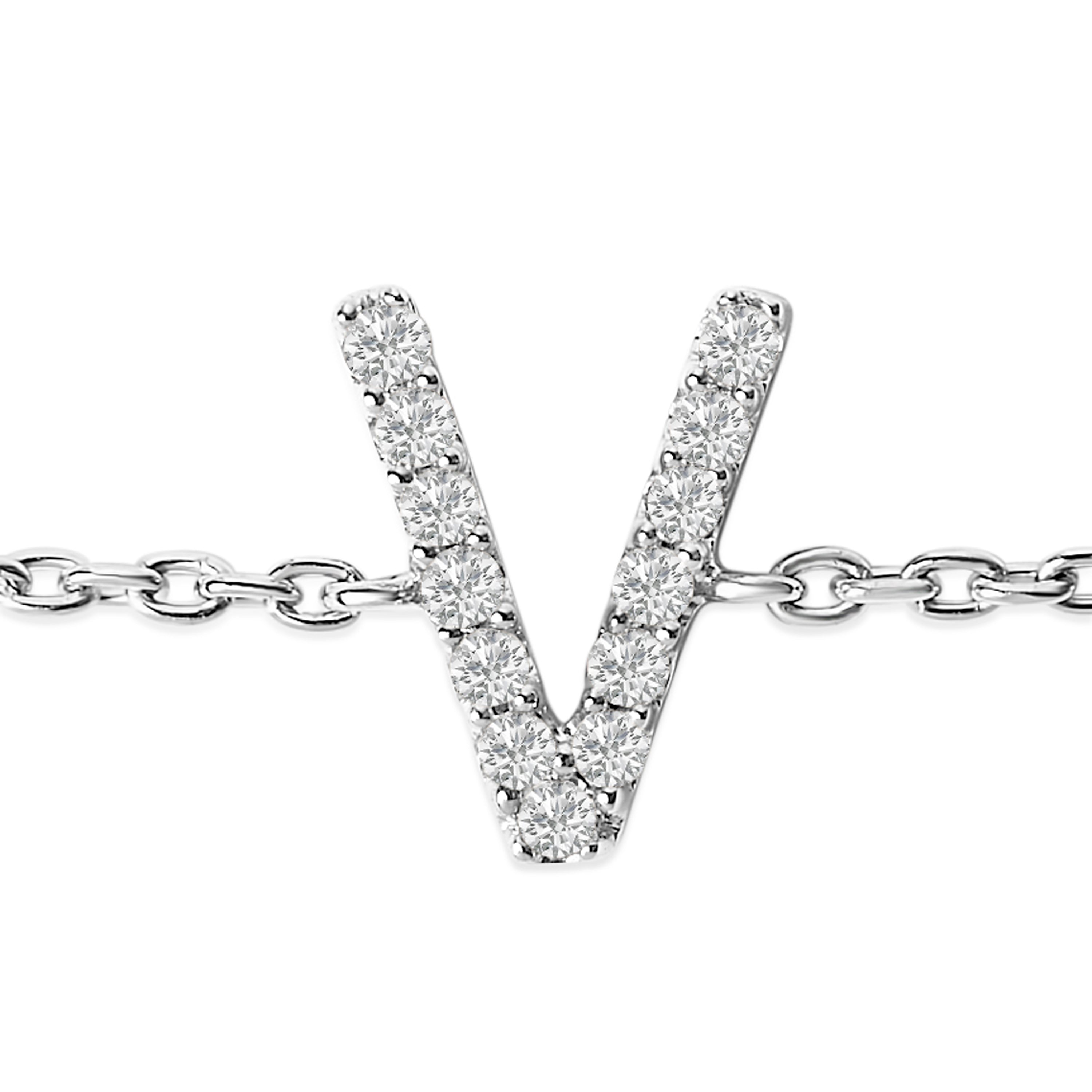 10K White Gold Diamond Accent "V" Initial Charm and Link Bracelet