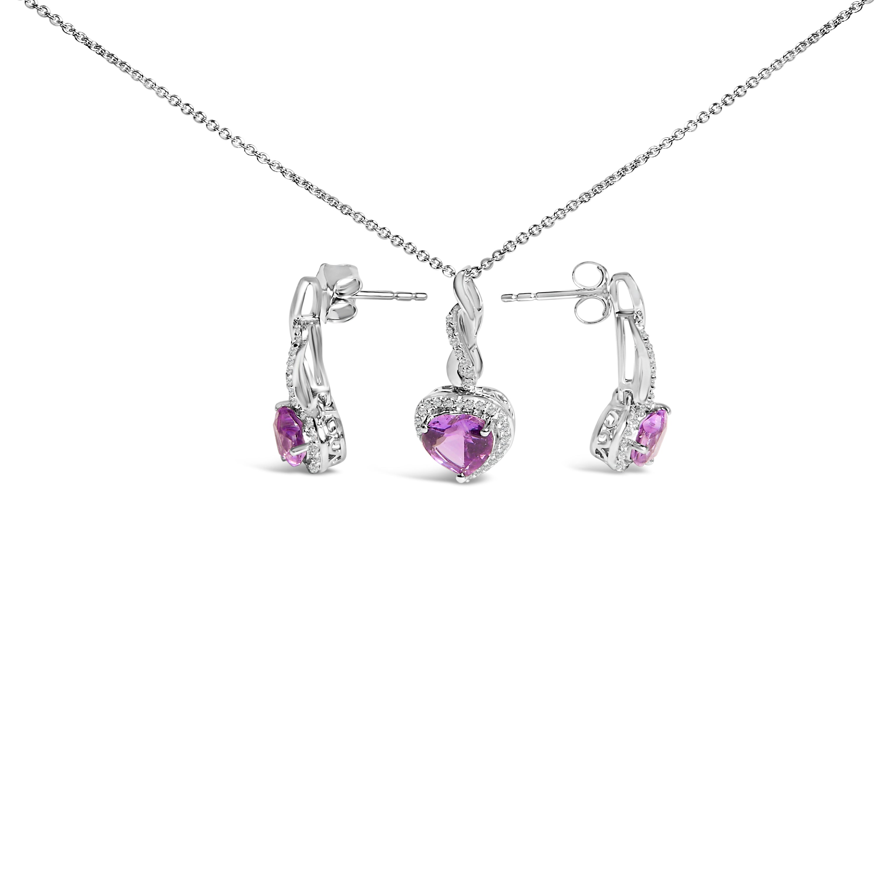 .925 Sterling Silver Heart Shape Purple Amethyst and White Sapphire Halo Earring Necklace Set-thumbmail-1