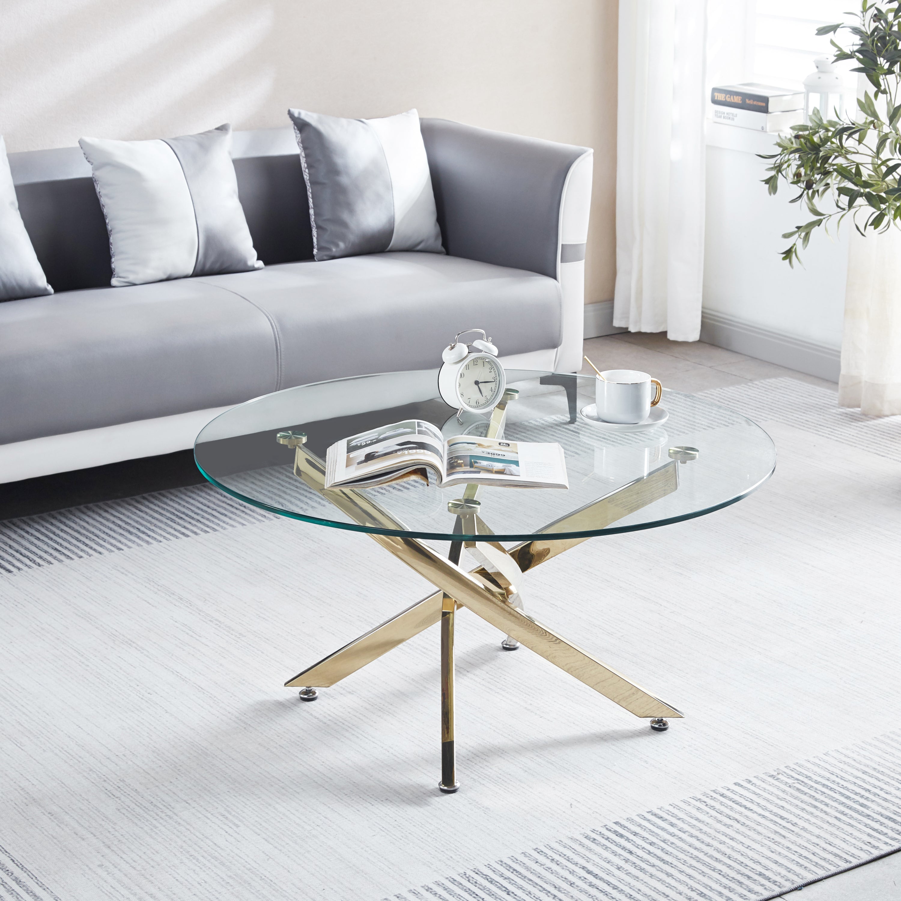 Modern Round Tempered Glass Coffee Table With Stainless Steel Legs-thumbmail-2