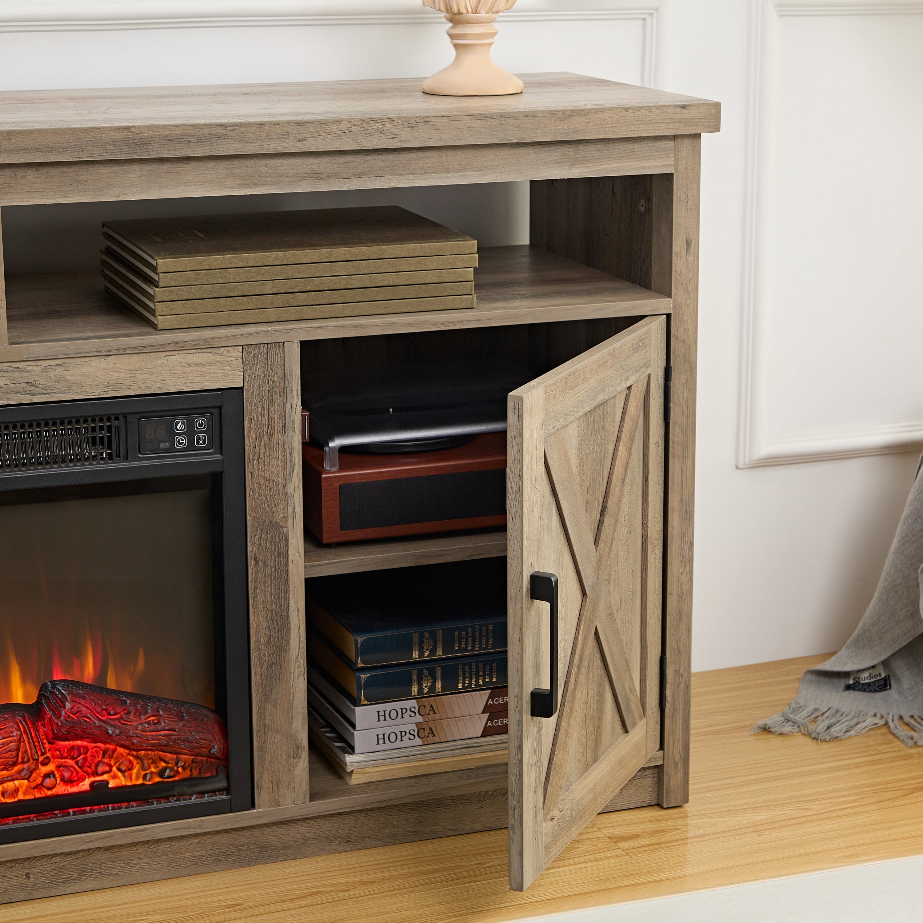 Farmhouse TV Media Stand, Large Barn Inspired Home Entertainment Console, With 18' Fireplace-thumbmail-9