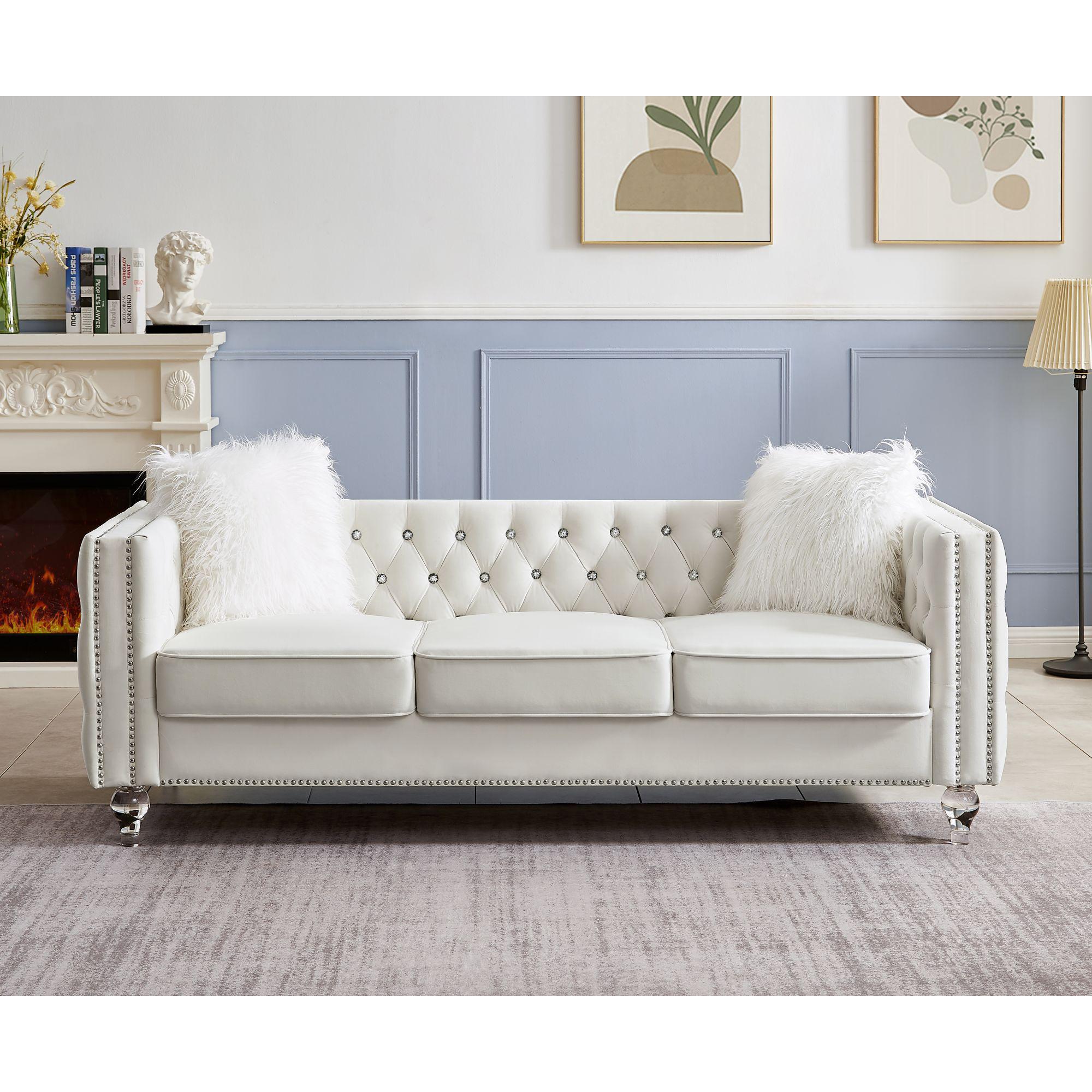 Velvet Upholstery Tufted Sofa Crystal Feet Removable Cushion-thumbmail-6
