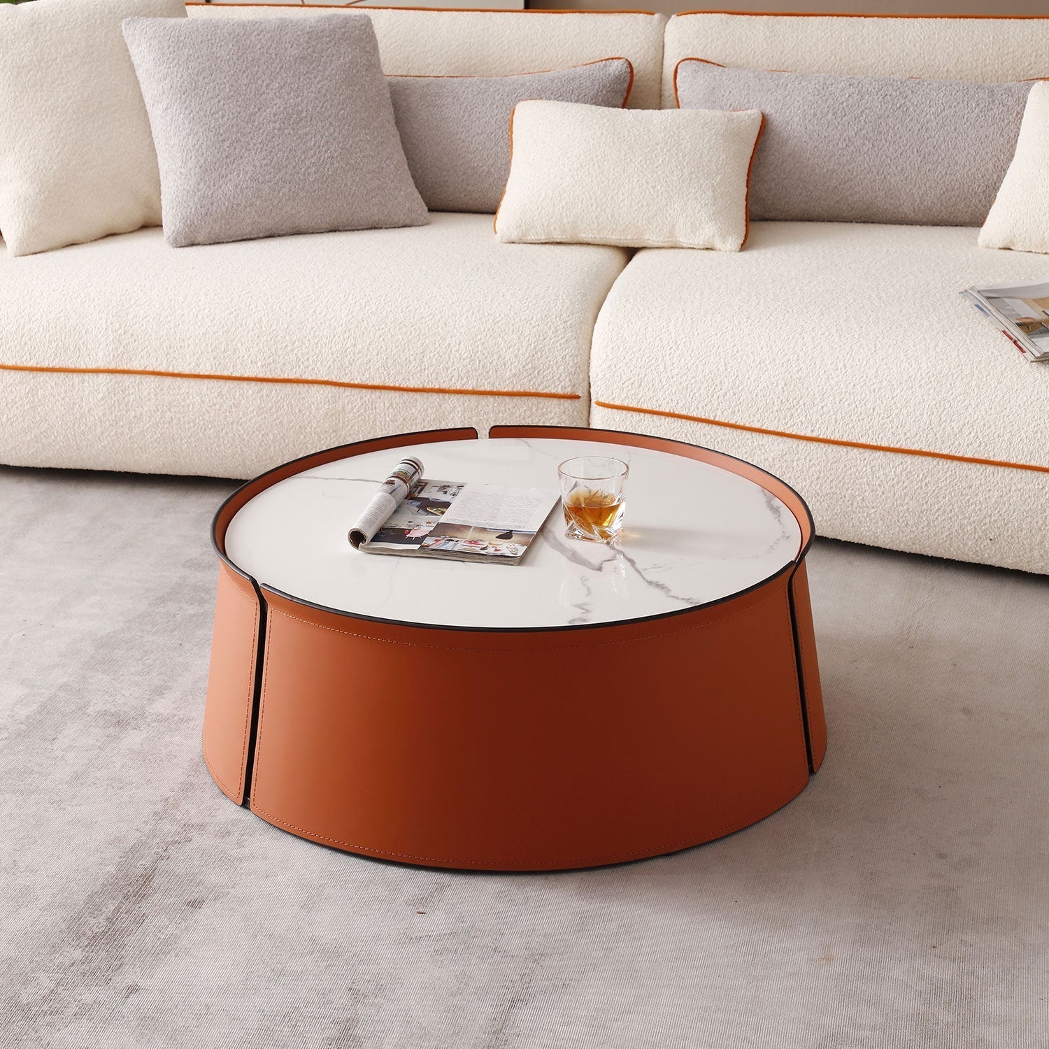 31.5" Coffee Table, Marble Top and Orange Saddle Leather Body-thumbmail-5