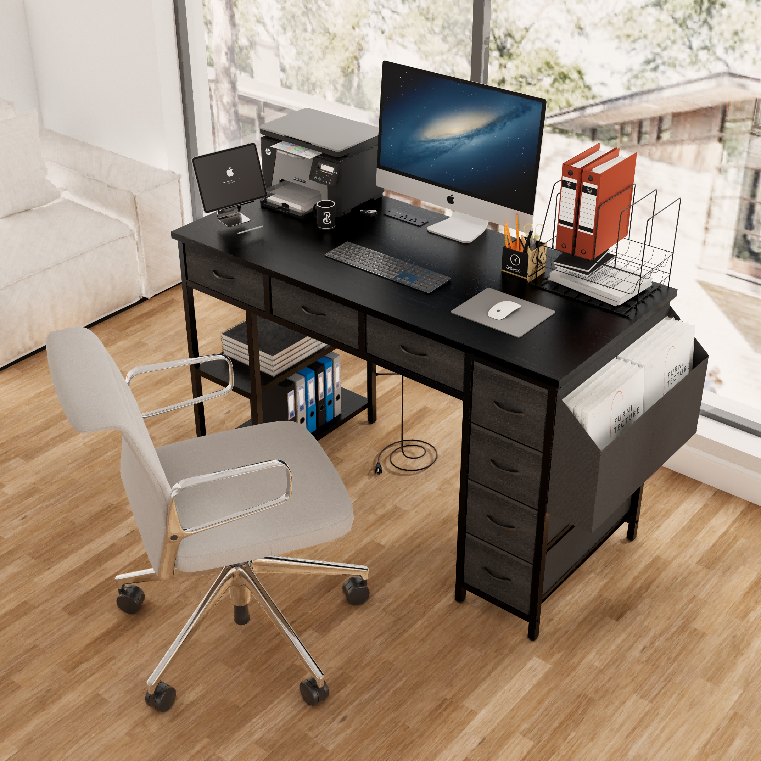 47.3' Computer Desk With 7 Drawers, Extra Large Side Pocket, and Power Outlets-thumbmail-2