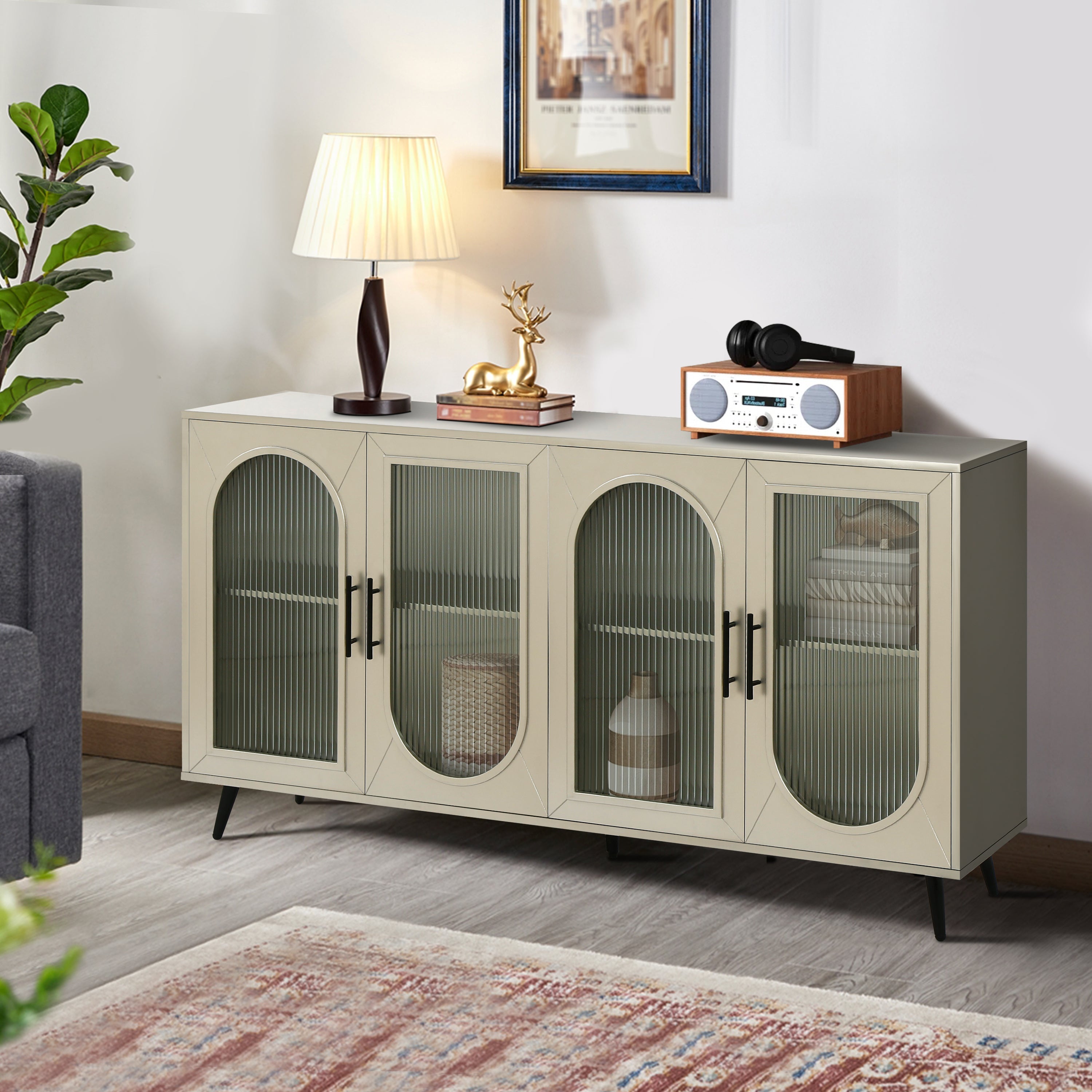 Wood TV Stand With Storage Cabinet & Adjustable Shelves-thumbmail-9