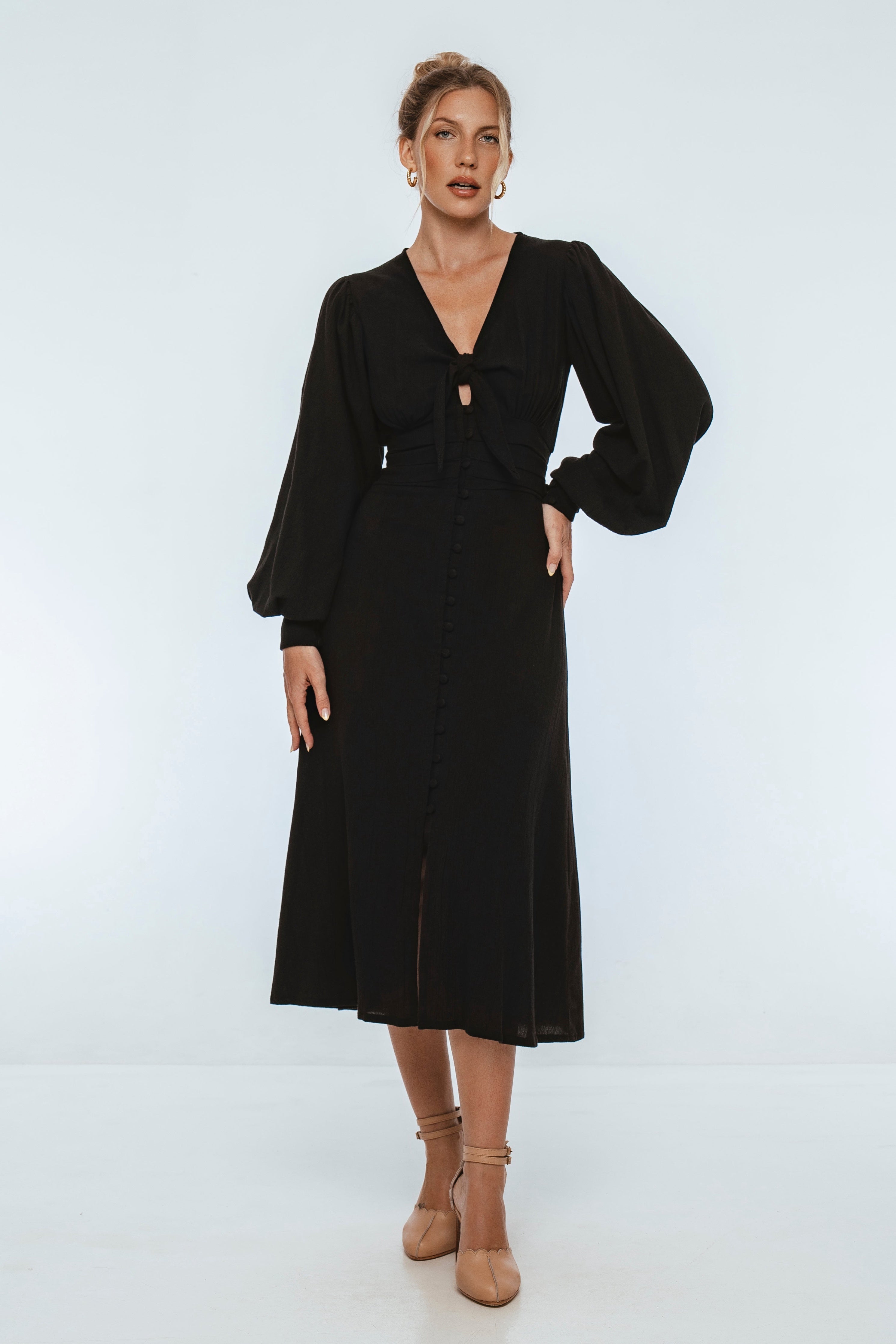 Velvet Sky Long Sleeve Linen Midi Dress-thumbmail-2