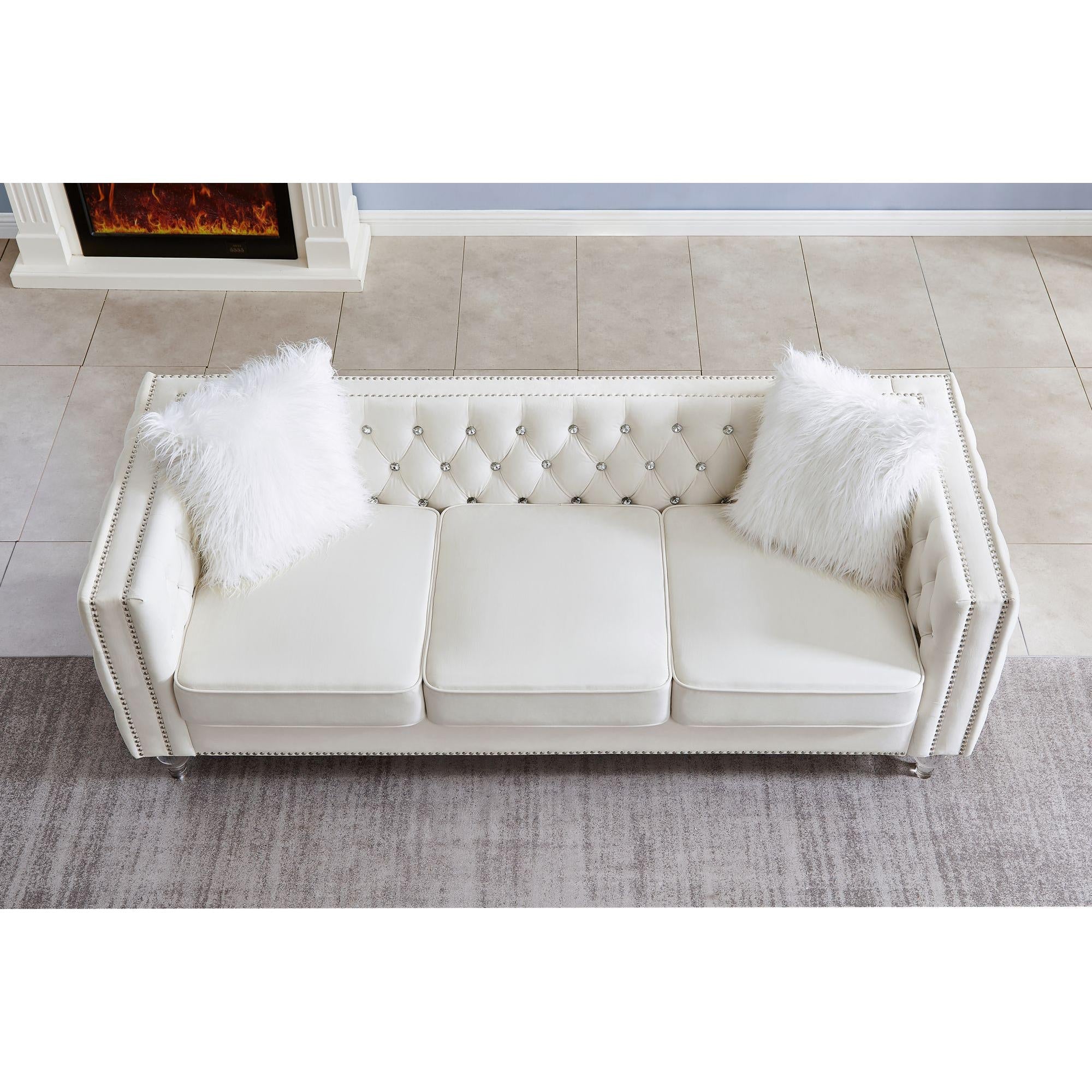 Velvet Upholstery Tufted Sofa Crystal Feet Removable Cushion-thumbmail-1