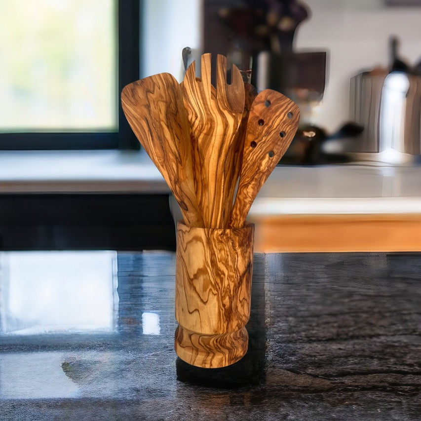 Olive Wood Kitchen Servers Set W/Holder -6 Pcs-thumbmail-7