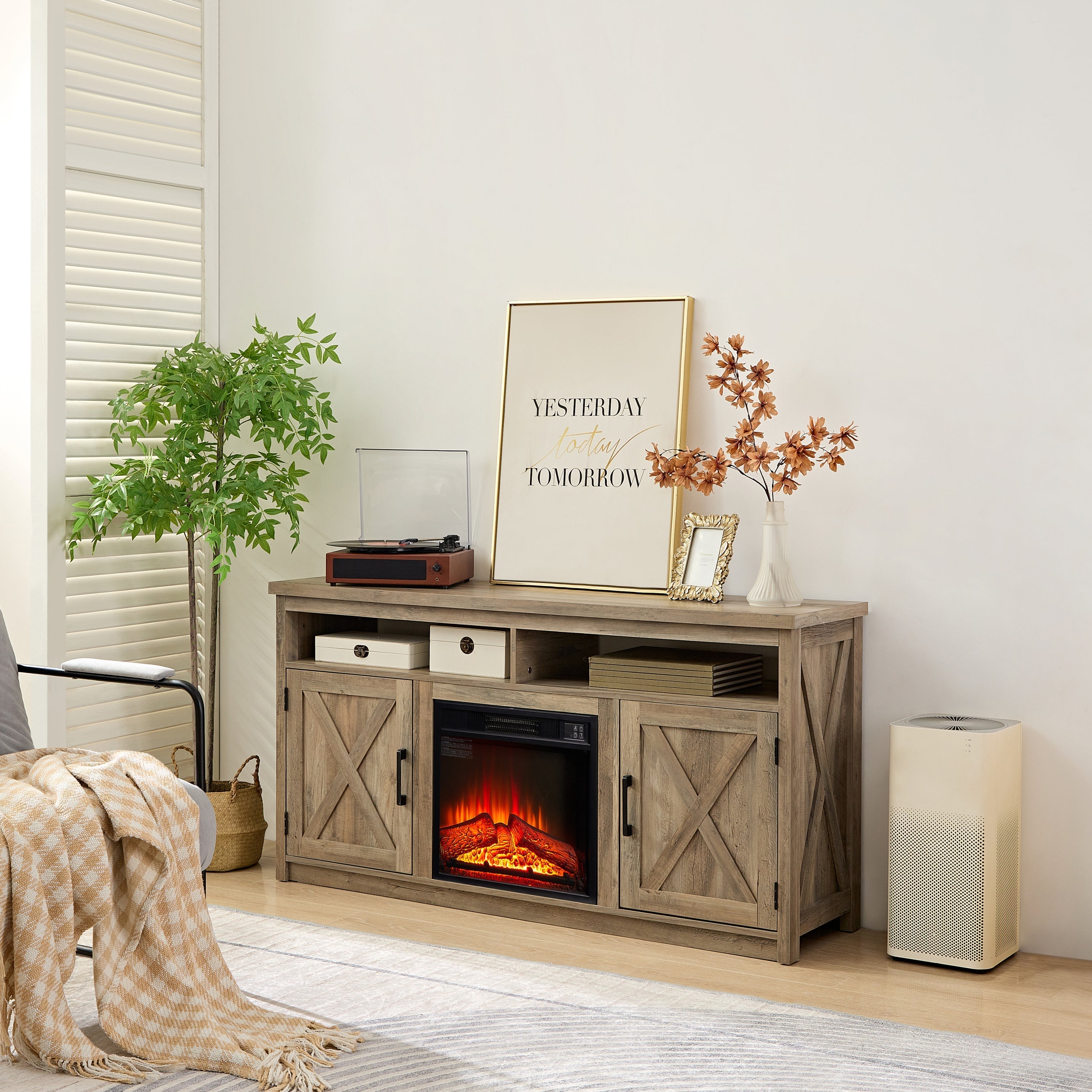Farmhouse TV Media Stand, Large Barn Inspired Home Entertainment Console, With 18' Fireplace-thumbmail-8