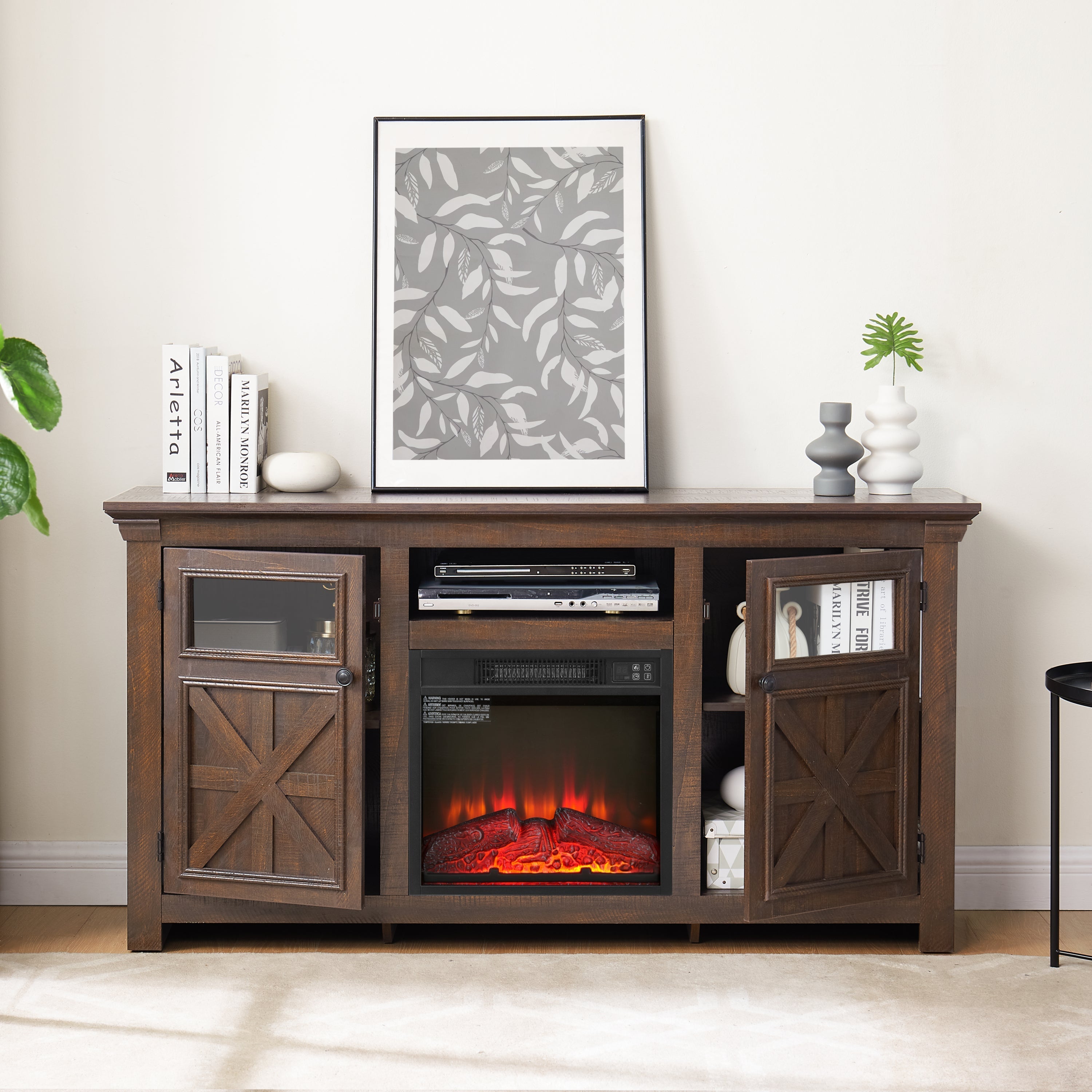 2 Doors Cabinet Farmhouse TV Stand With 18' Fireplace Insert-thumbmail-7