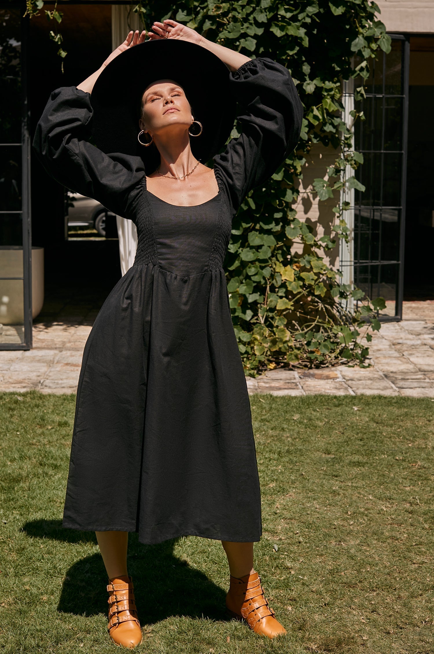 Alila Smocked Linen Midi Dress-thumbmail-9