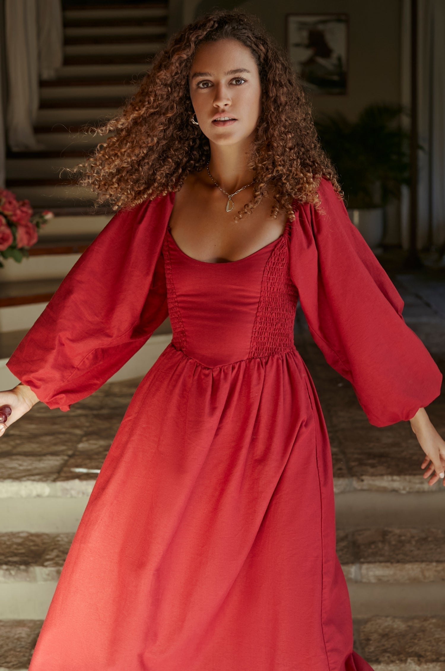 Alila Smocked Linen Midi Dress-thumbmail-8