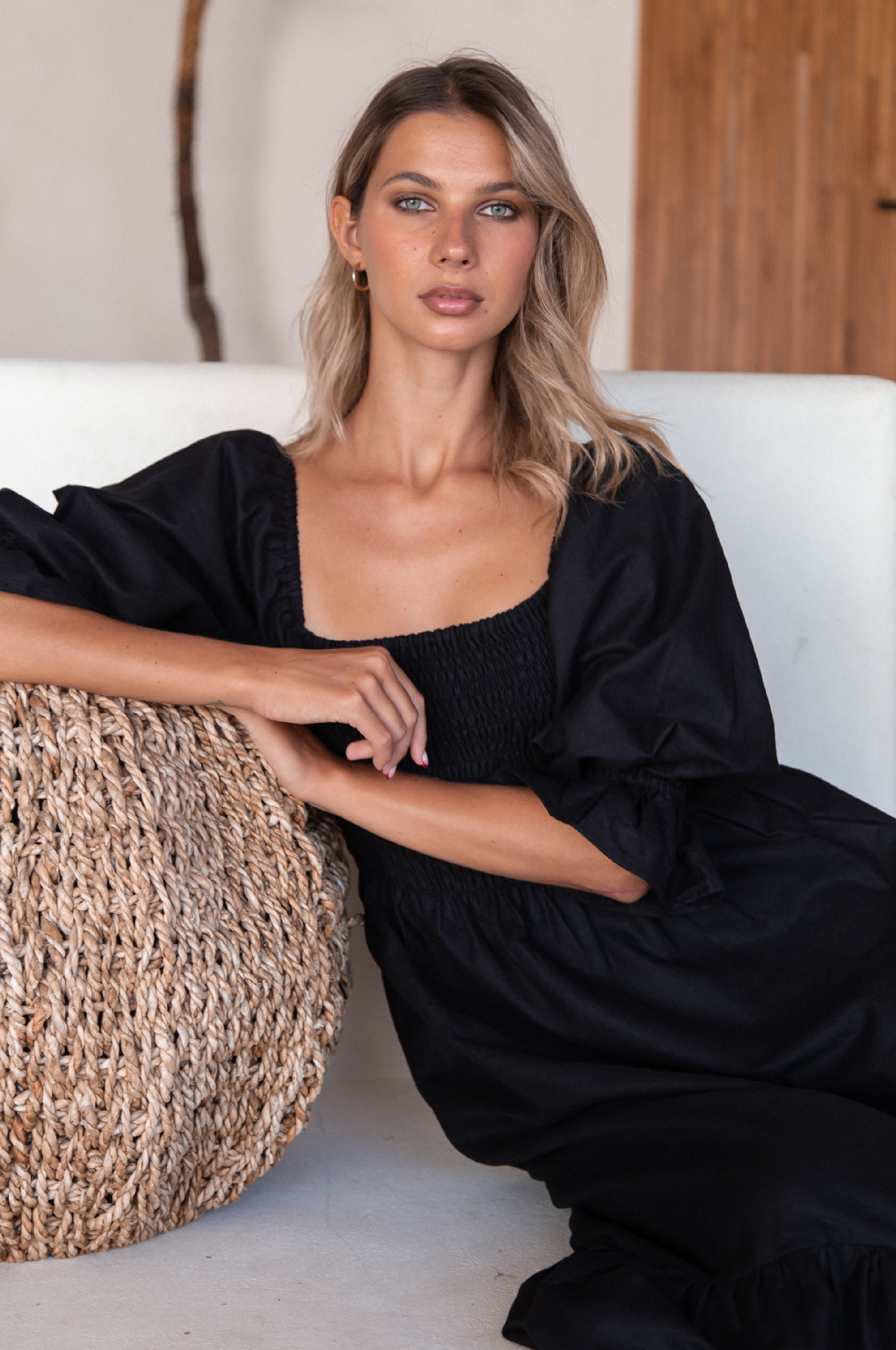 Almeria Smocked Midi Linen Dress-thumbmail-4