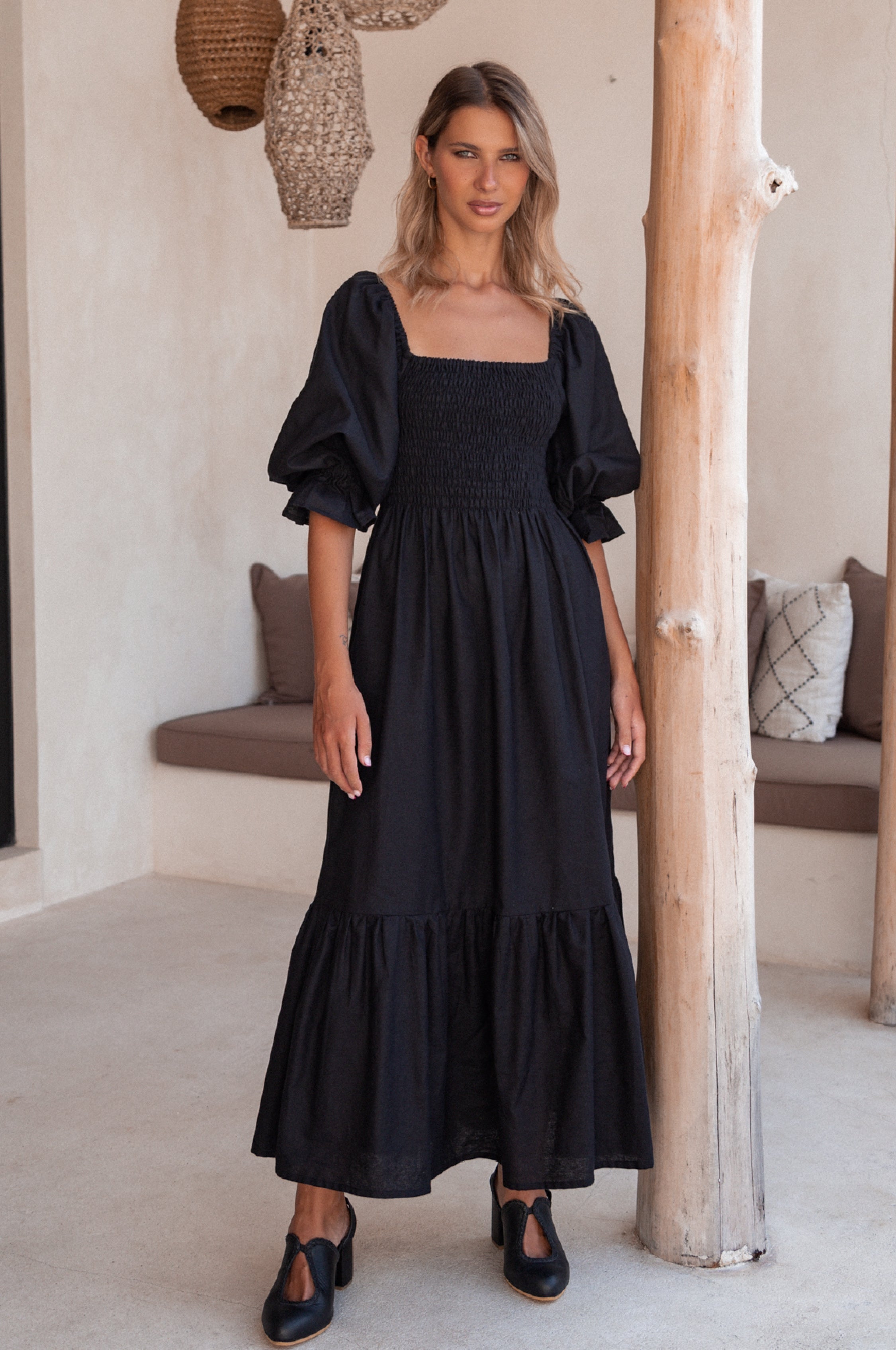 Almeria Smocked Midi Linen Dress-thumbmail-12