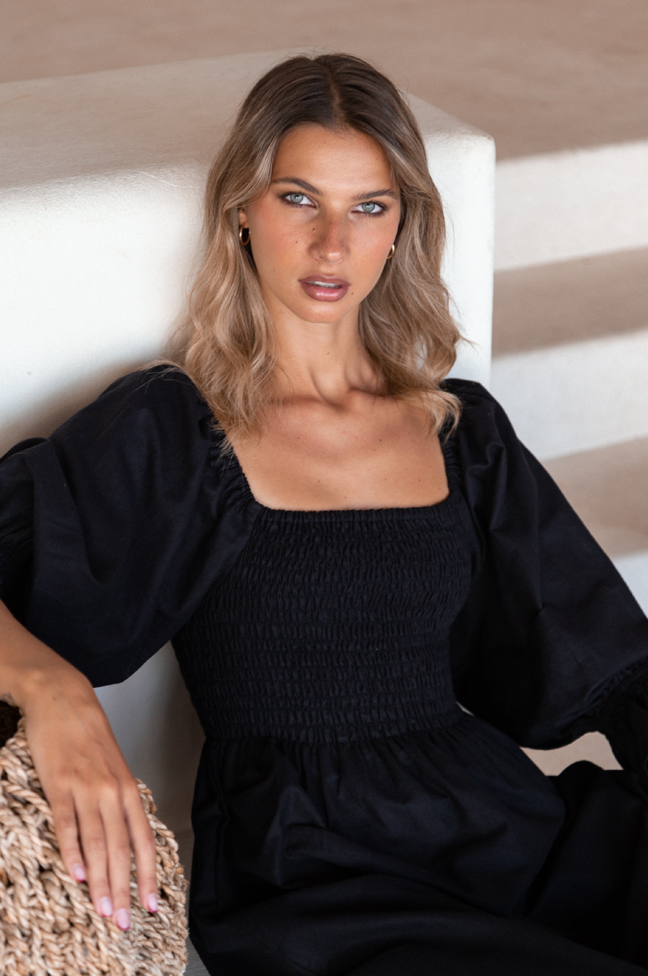 Almeria Smocked Midi Linen Dress-thumbmail-3