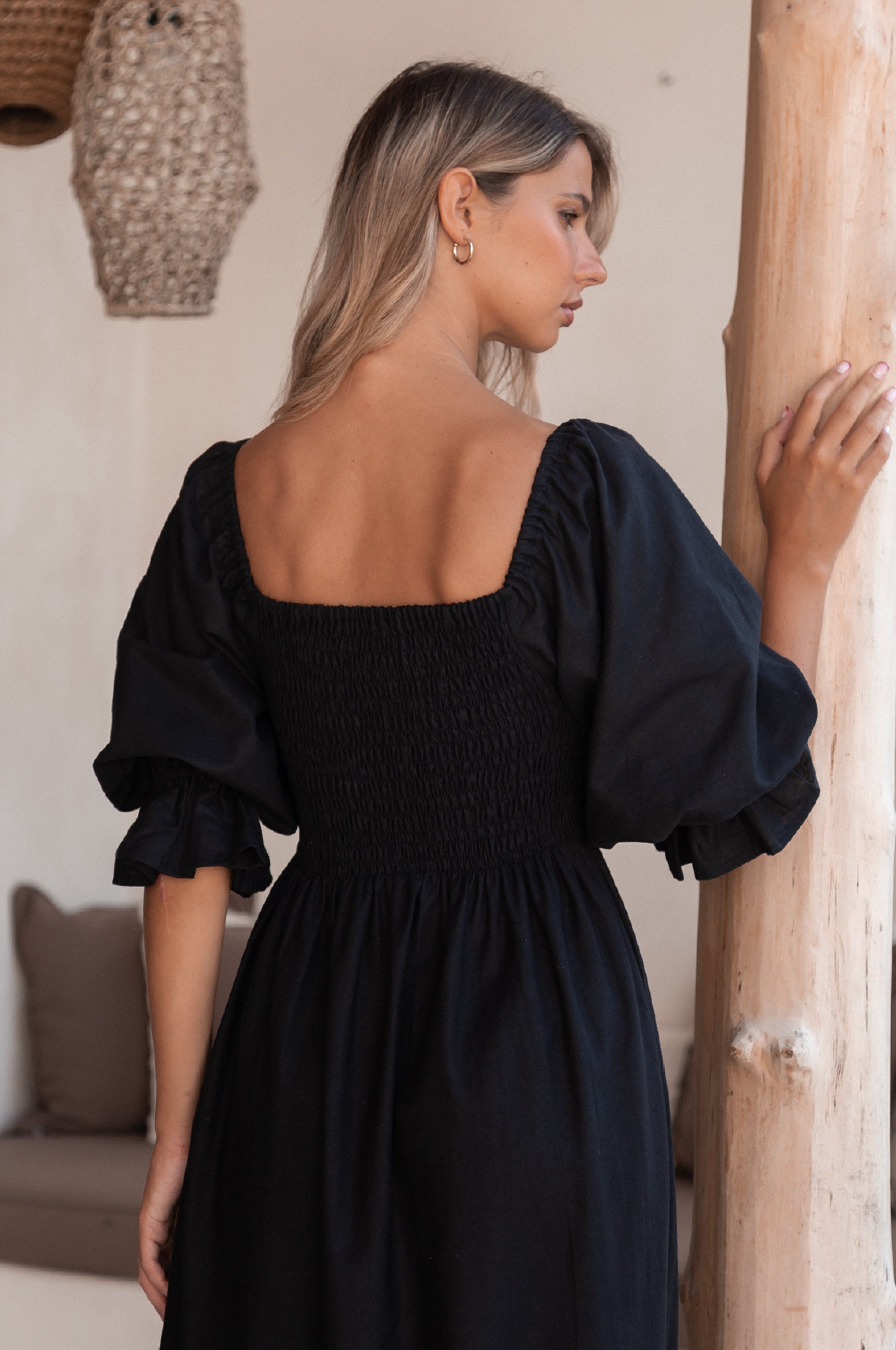 Almeria Smocked Midi Linen Dress-thumbmail-4