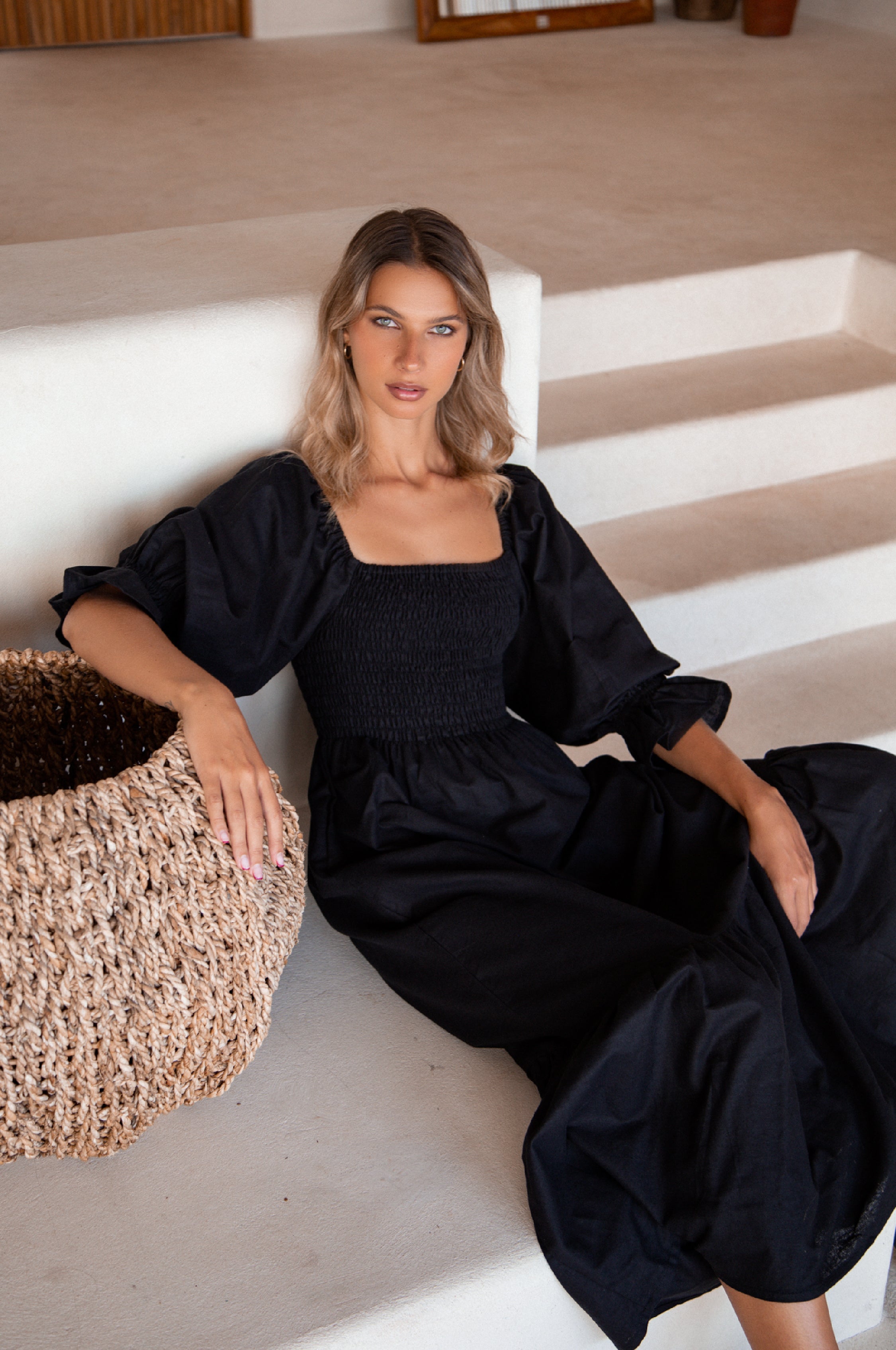 Almeria Smocked Midi Linen Dress-thumbmail-10