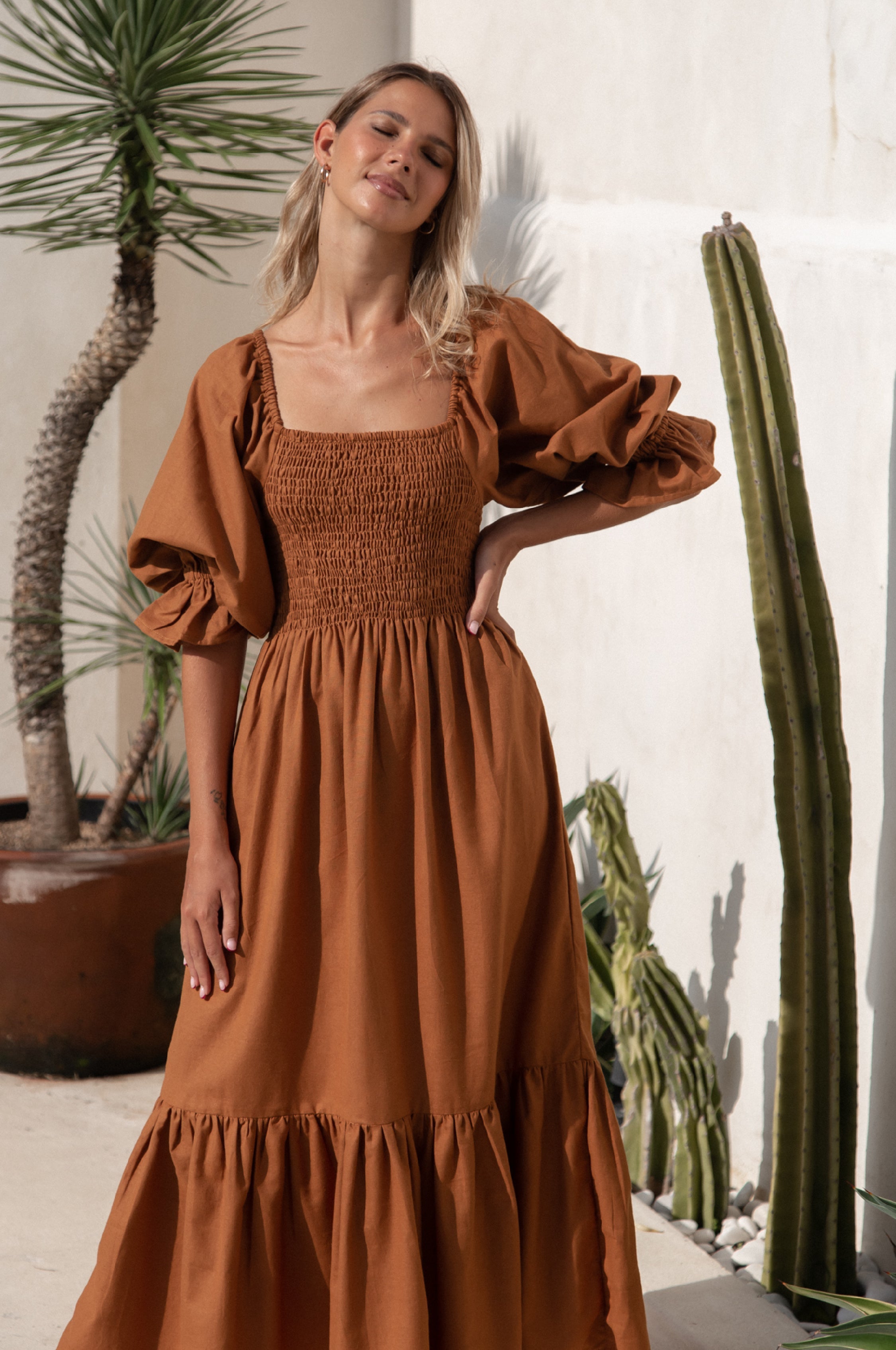 Almeria Smocked Midi Linen Dress-thumbmail-3