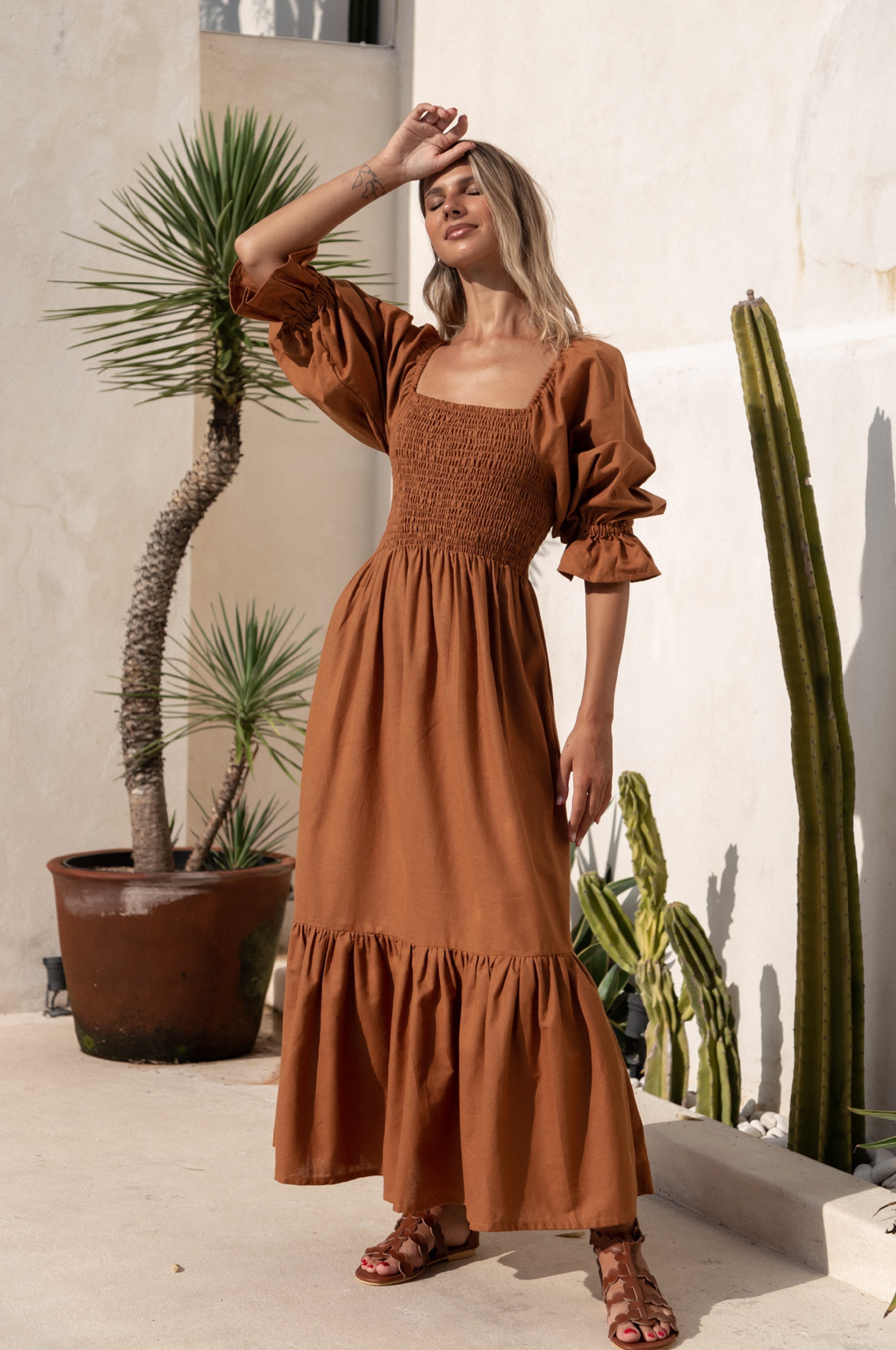 Almeria Smocked Midi Linen Dress-thumbmail-7