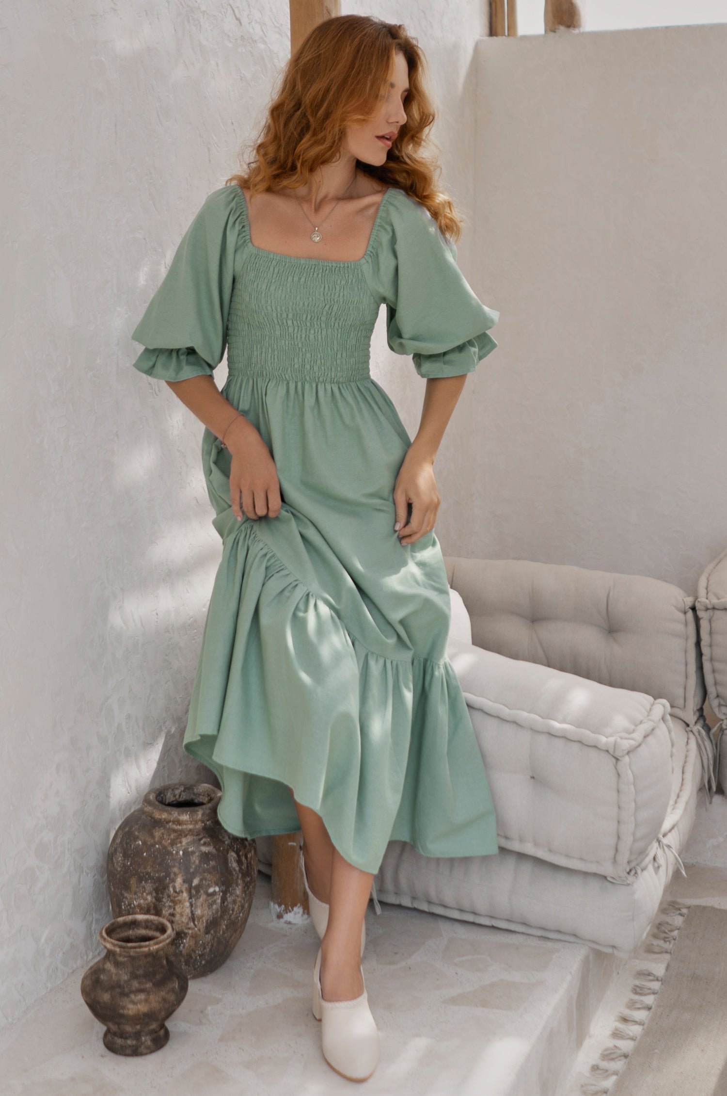 Almeria Smocked Midi Linen Dress-thumbmail-8