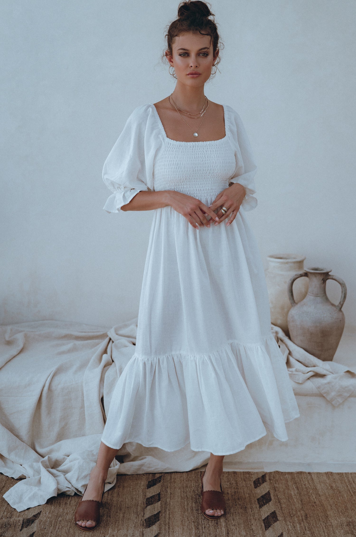 Almeria Smocked Midi Linen Dress-thumbmail-2