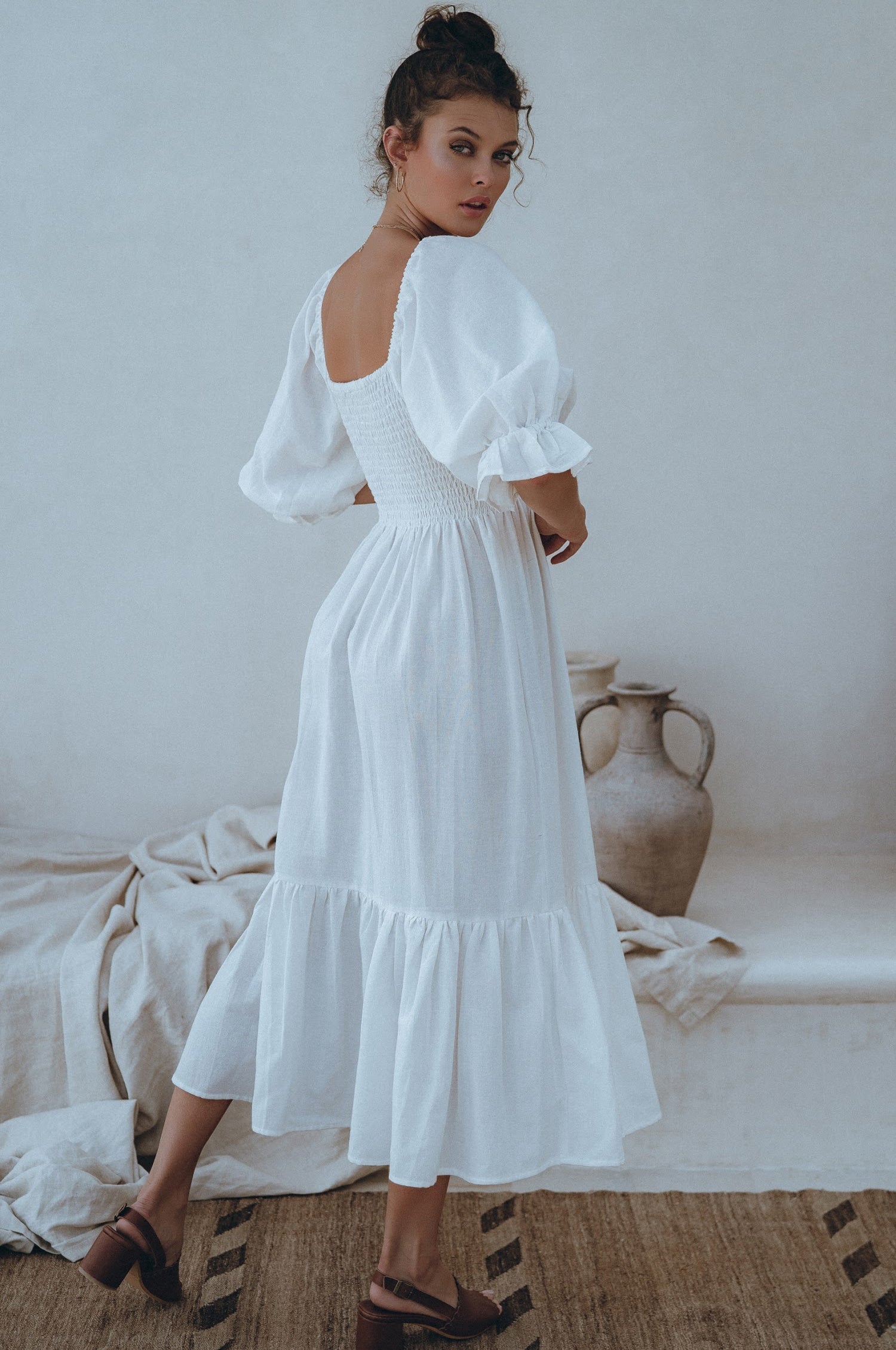Almeria Smocked Midi Linen Dress-thumbmail-5