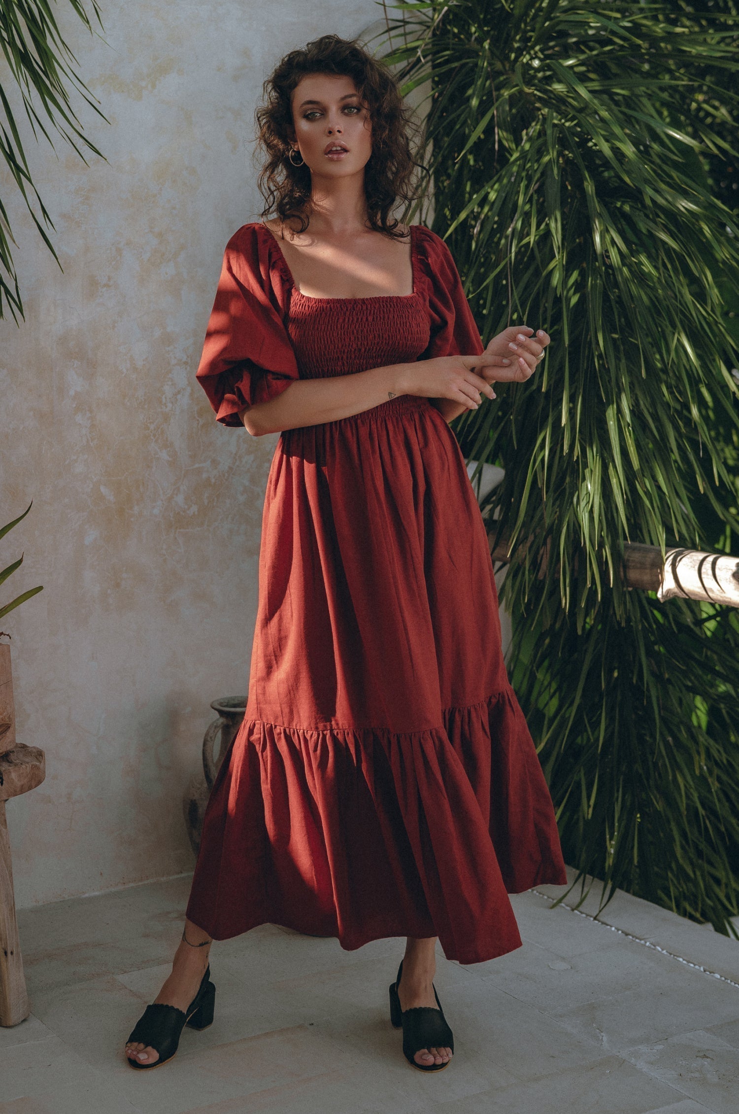 Almeria Smocked Midi Linen Dress-thumbmail-1
