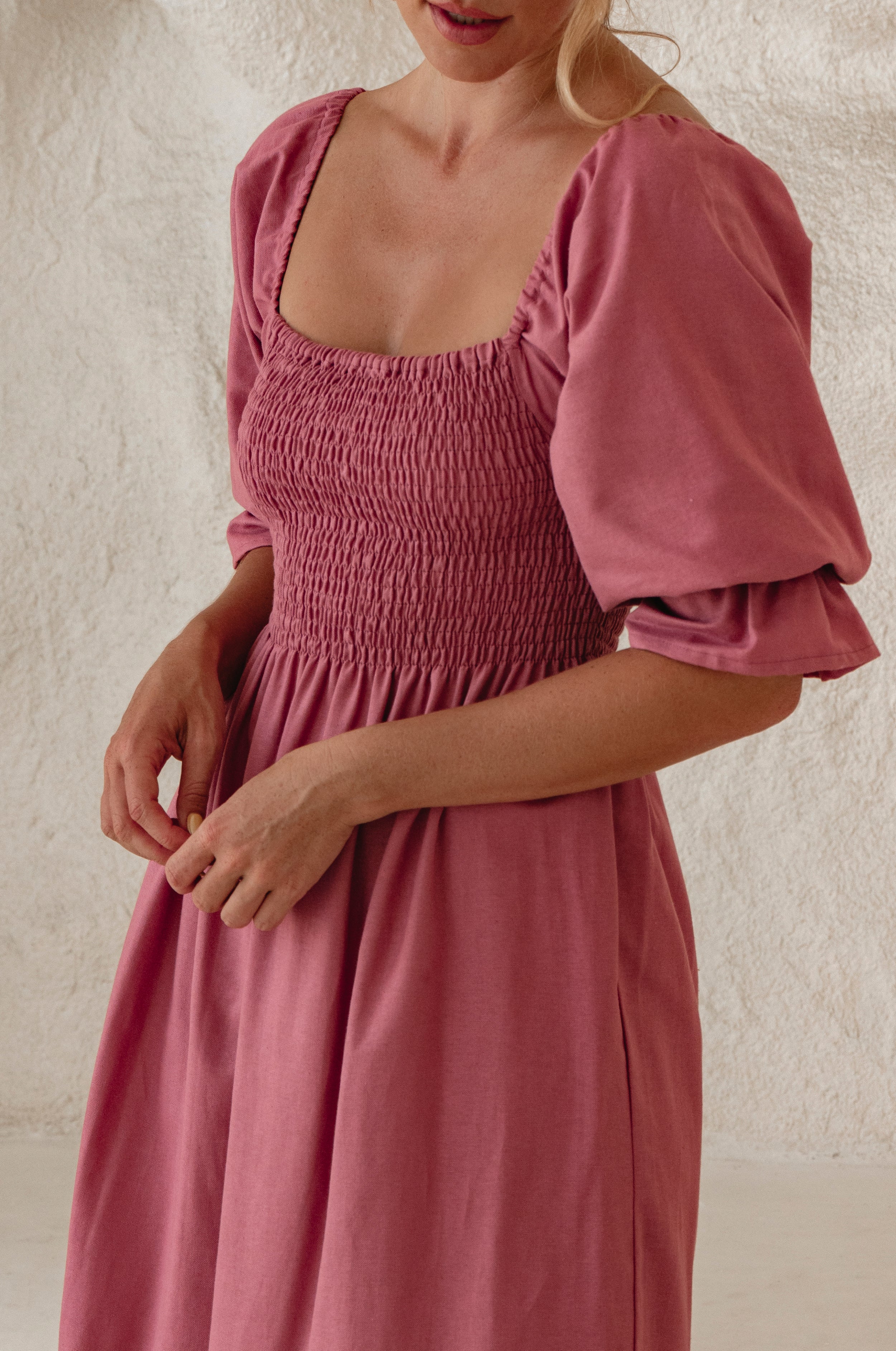 Almeria Smocked Midi Linen Dress-thumbmail-5