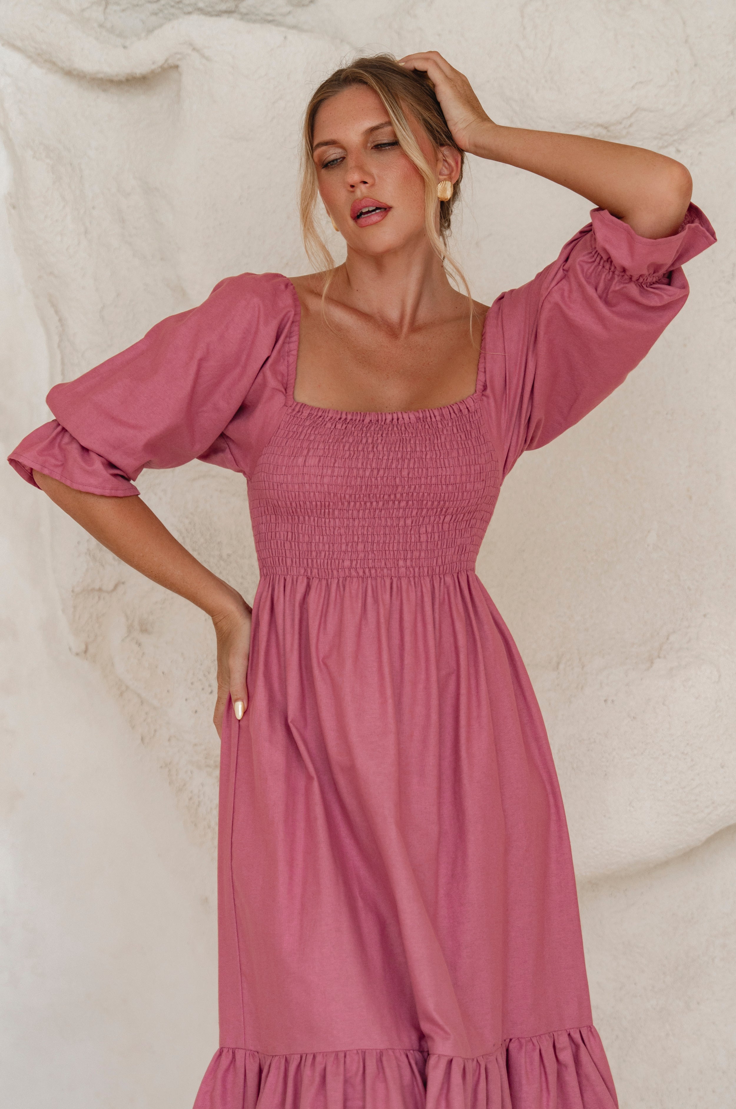 Almeria Smocked Midi Linen Dress-thumbmail-7
