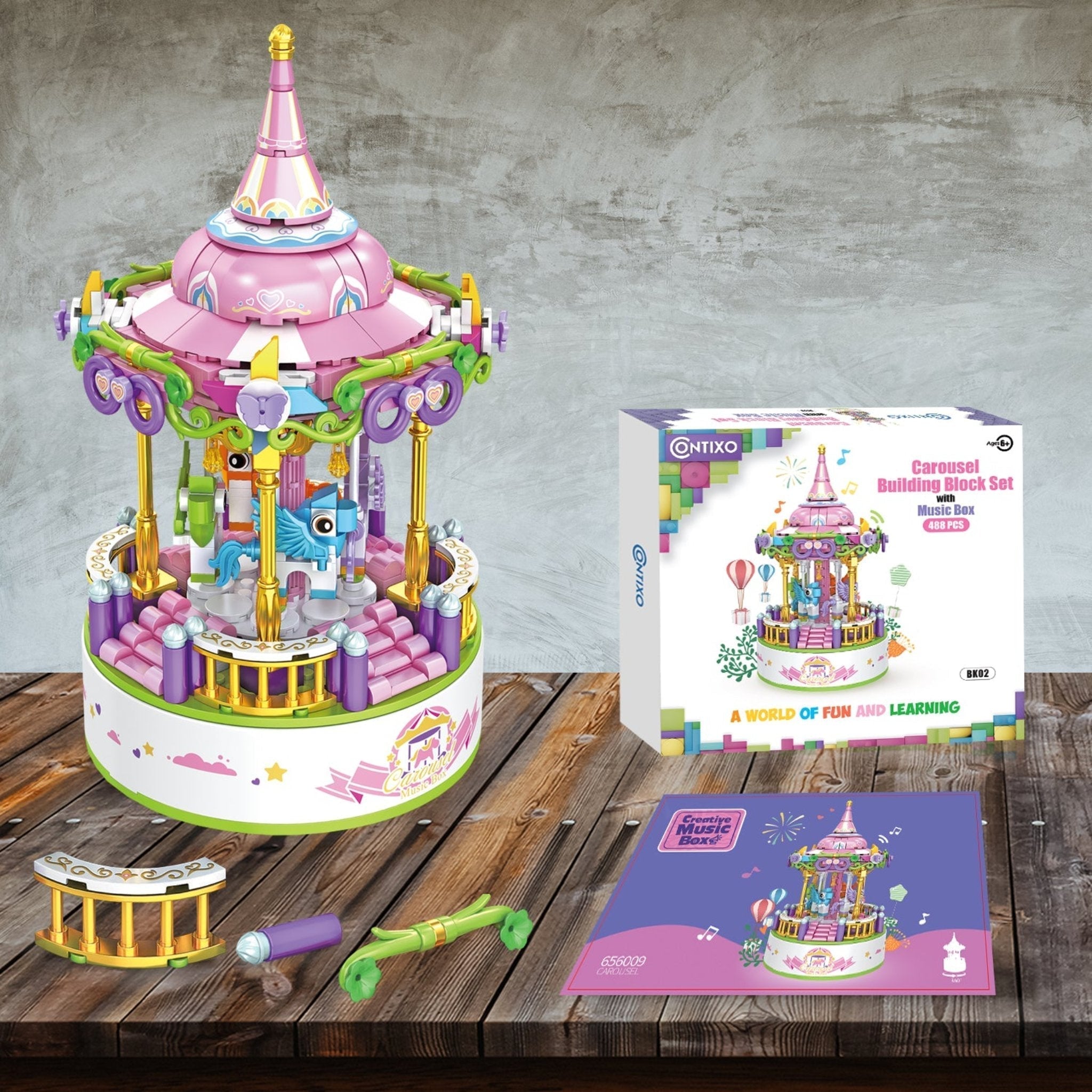 Contixo BK02 Carousel Building Block Set With Music Box - 488 PCS-thumbmail-3