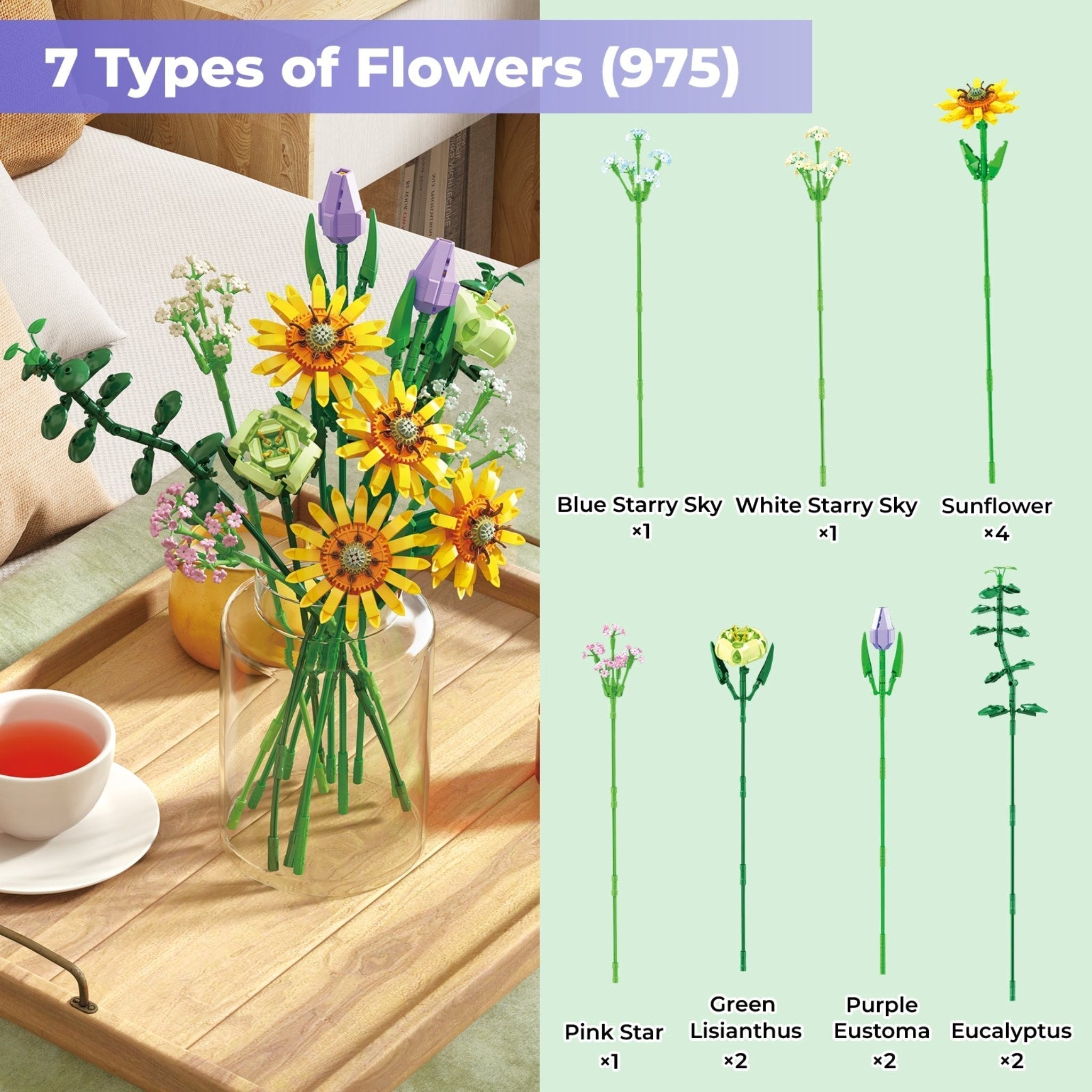 Contixo Sunflower Bouquet Building Set - 975 Pcs, DIY Floral STEM Kit, Home Deco-thumbmail-7